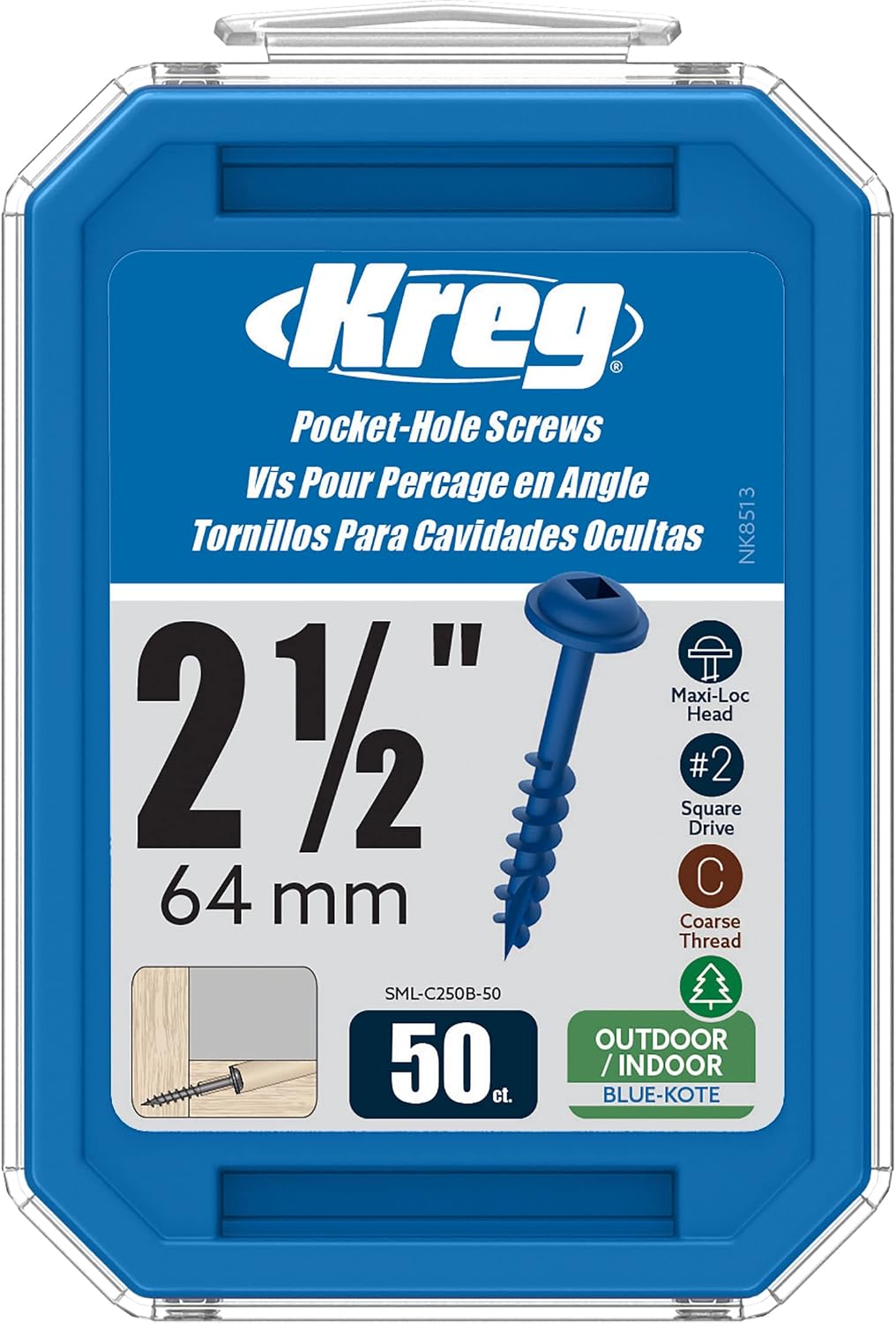 Kreg SML-C250B-50 Blue Kote Pocket Screws, 2 1/2-Inch, Coarse Thread, Maxi-Loc Head (50 Count)