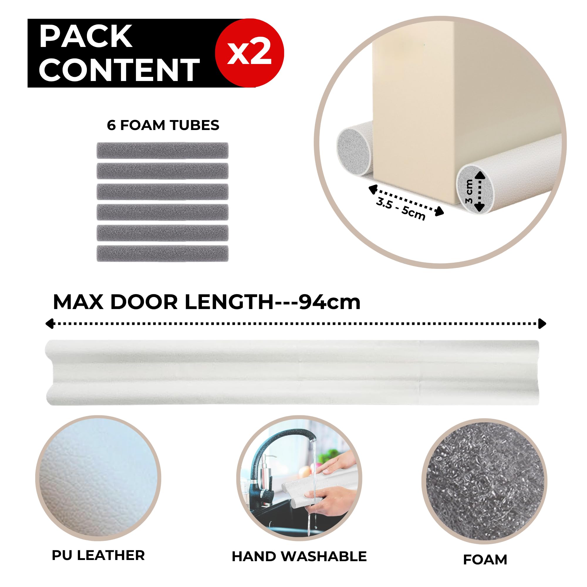 2x Paraspifferi Sottoporta e Finestre da 80 a 90 cm, Doppia Guarnizione in Similpelle, Regolabile tra 32 e 94 cm. Isolamento Acustico, Riduzione Freddo/Calore, Antivento, Luce, Polvere, Insetti.