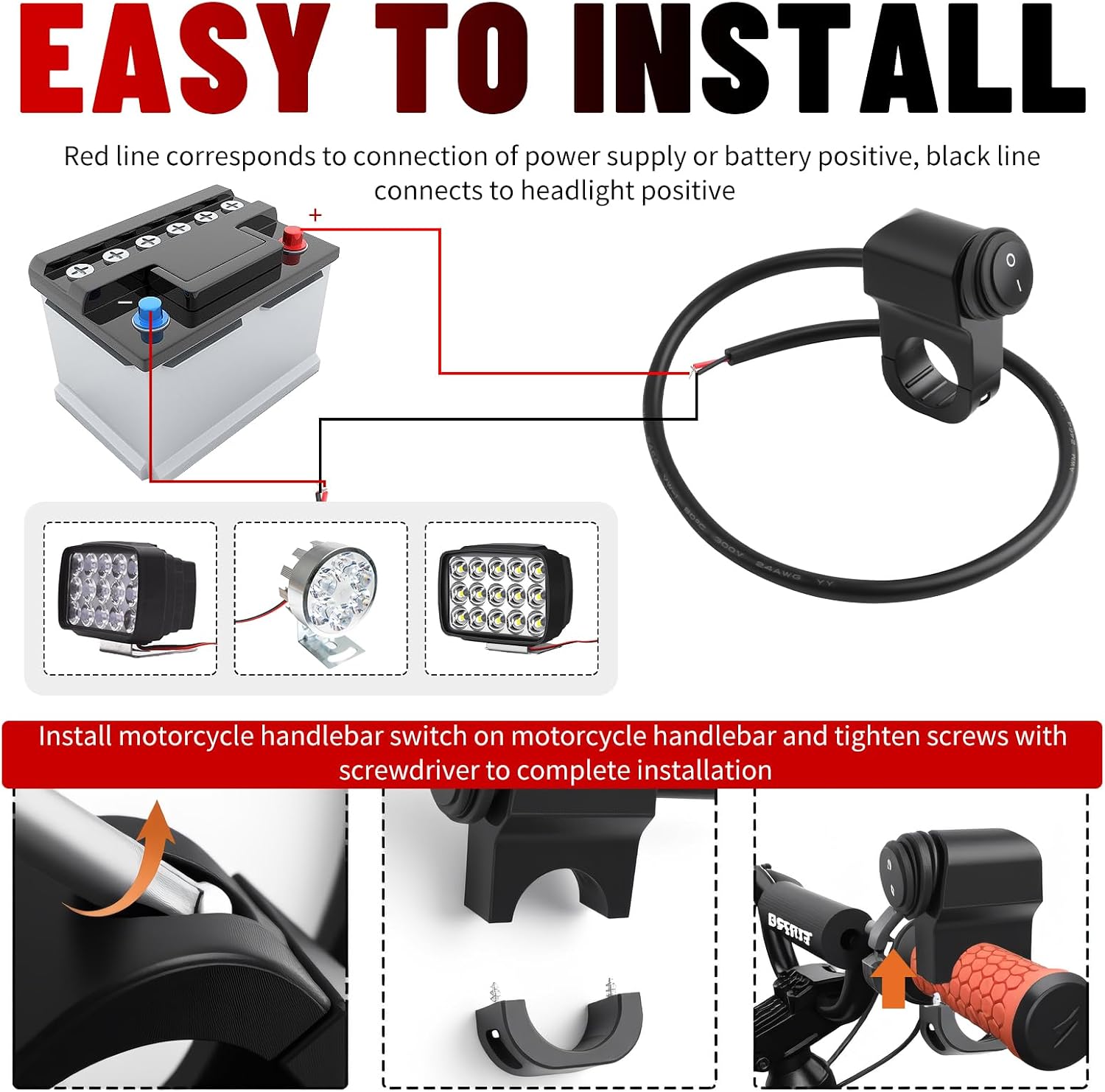 Motorcycle Handlebar Switch for 7/8" Handlebar,12V Waterproof Motorcycle Light Switch for Light Convenient Control,Universal Motorcycles Switches for Motorcycles,Dirt Bike,ATV