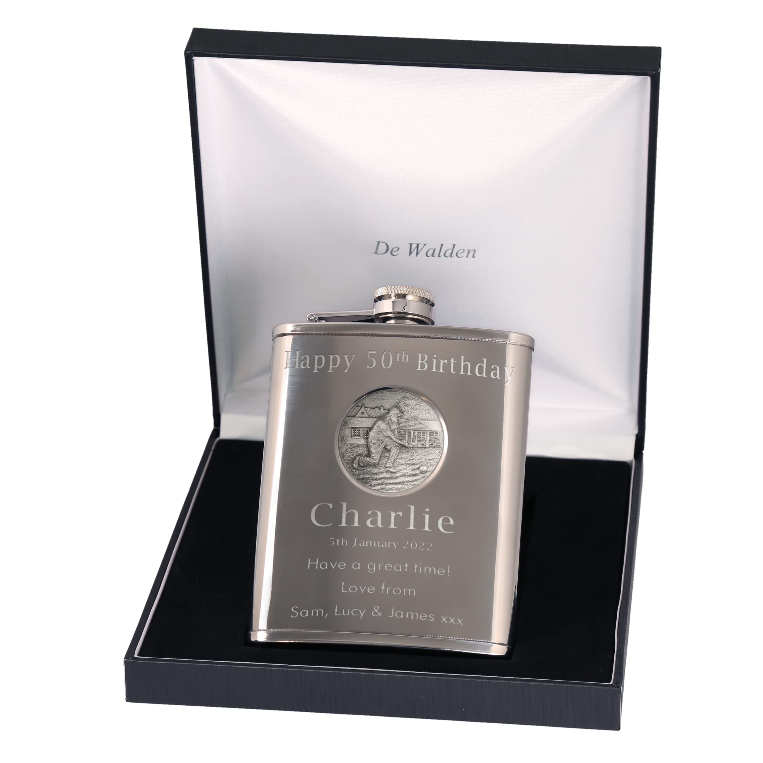 The Great Gifts Company Silver 50Th Birthday Engraved Hip Flask Lawn Bowls In Gift Box