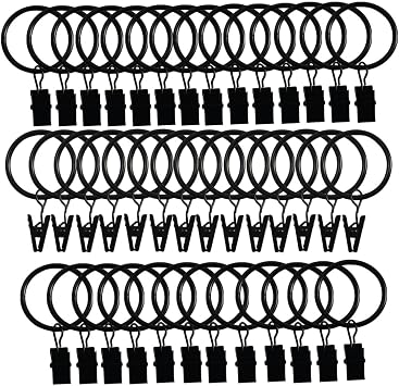Black Curtain Rings with Clips, Drapery Clips with Rings, Hangers Drapes Rings 1.26 Inch Interior Diameter, Fits up to 1 Inch Curtain Rod,40 Pcs