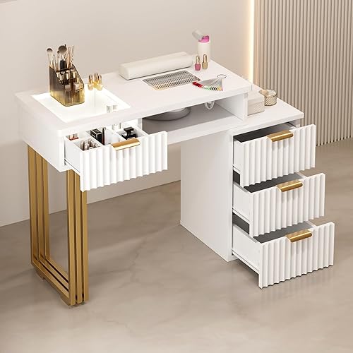 Paddie Mesa de manicura para tecnología de uñas con colector de polvo, estación de escritorio de uñas con 4 cajones y luces LED, estación de trabajo