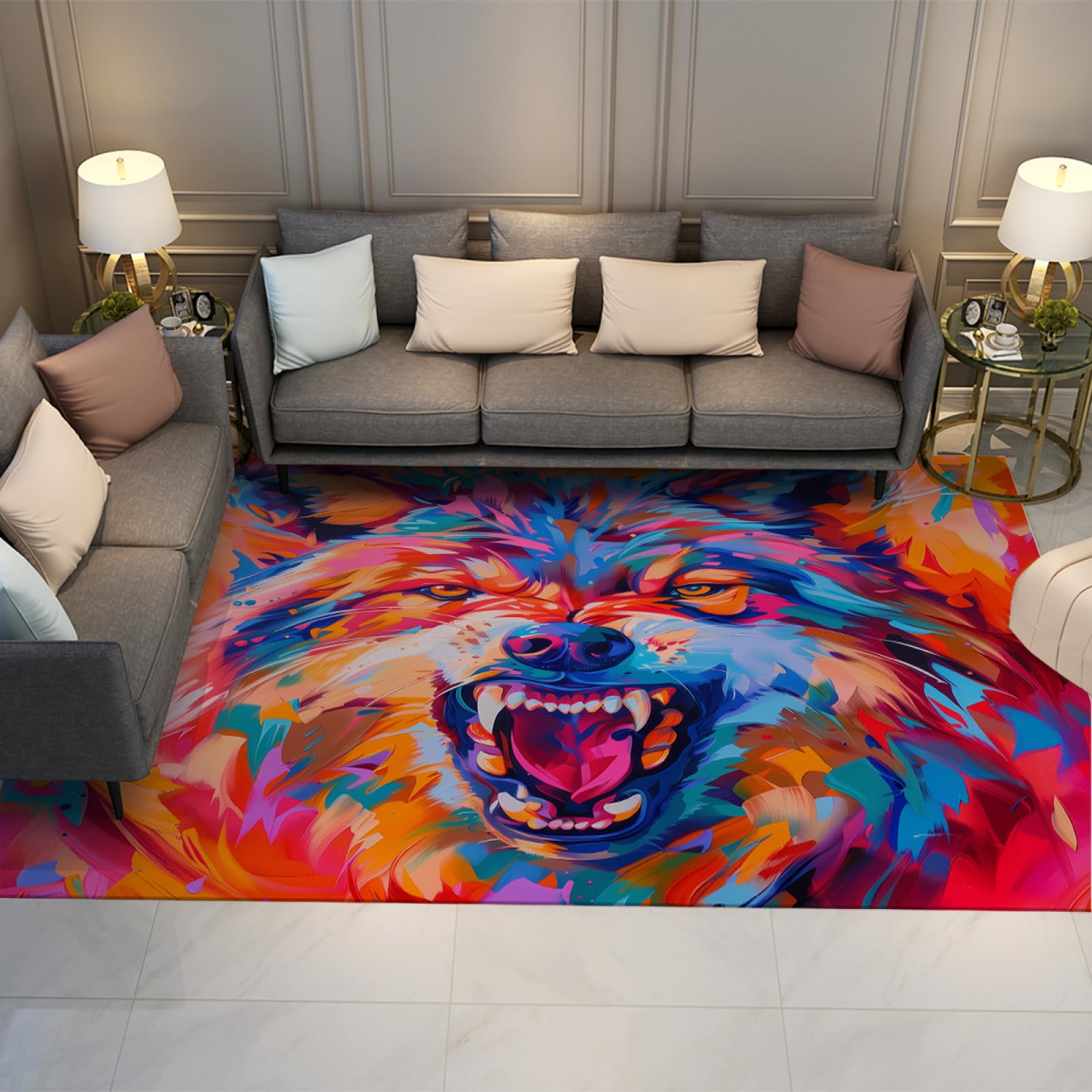 Tapis loup Pop Art antidérapant et lavable pour salon propre