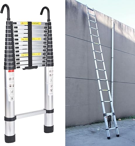 Miniatura 9 de Escalera telescópica de aluminio de 16.4 pies con ganchos desmontables, escalera plegable resistente de altura ajustable, capacidad de carga de 330
