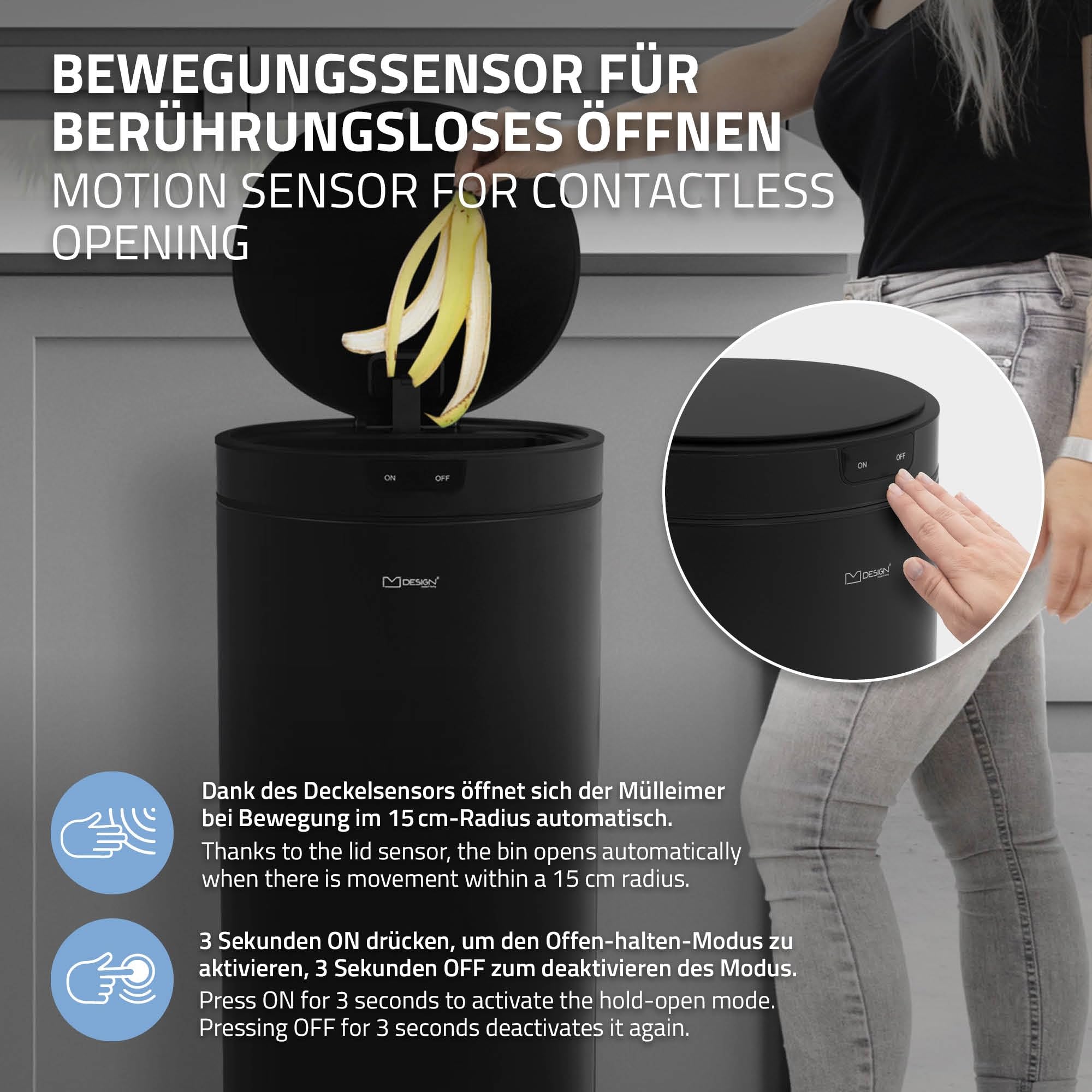 ML-Design Cubo de Basura con Sensor de Movimiento Inteligente Papelera Redonda con Apertura y Cierre Automática 40L Acero Inoxidable Negro Tapa con Pantalla LED y Anillo de Sujeción para Bolsas