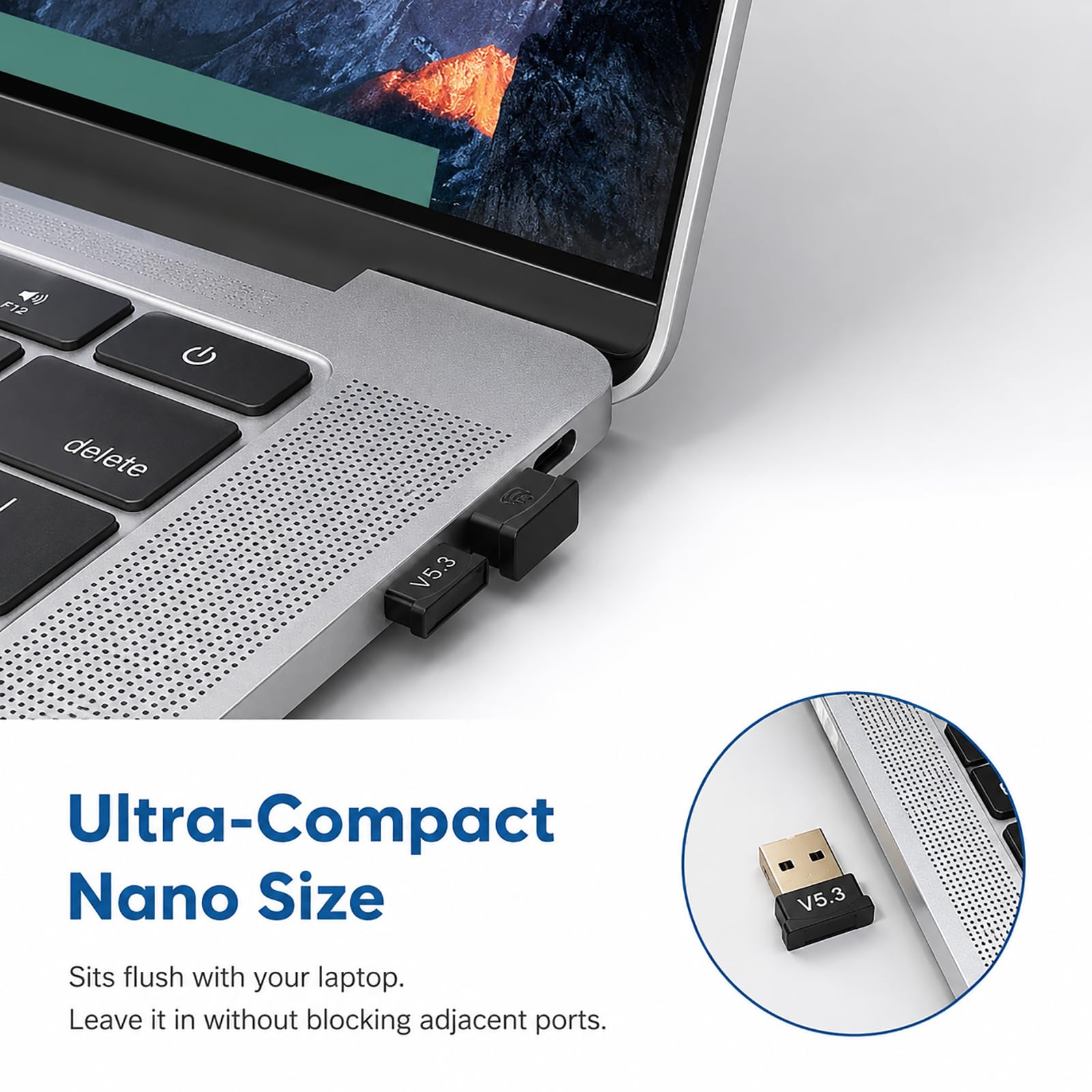 Bluetooth Adapter für PC, USB Bluetooth 5.3, Plug&Play, treiberfrei, Multi-Geräte kompatibel, bis 20m Reichweite, Audio 16 Bit/44,1 kHz, kompakt, tragbar, Windows 11/10/8.1/7, Laptop, Desktop, Headset