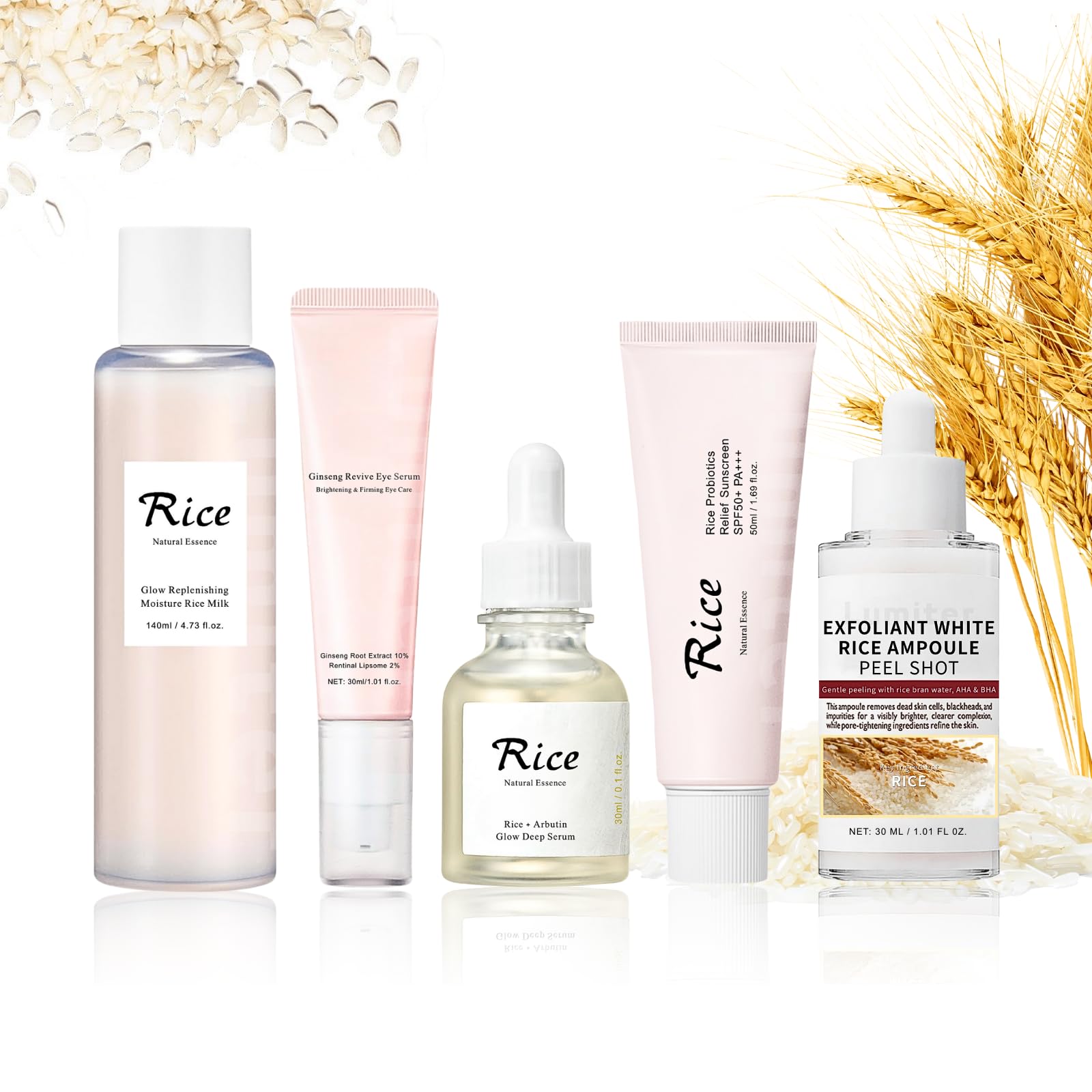 5PCS Rice Korean Skin Care Sets, Rice Skincare Set, Glowing Glass Skin Facial Kit
