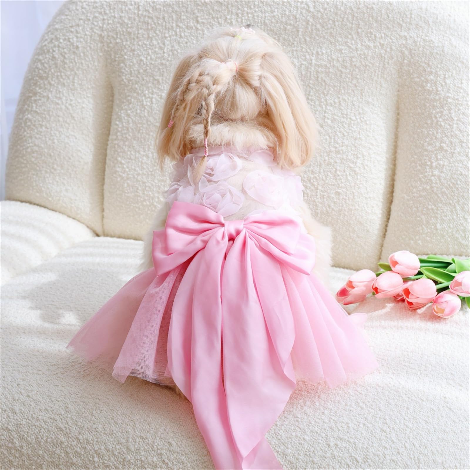 Yaopelky Small Dog Wedding Dresses Rose Flower Bowknot Dog Cat Dress Puppy Tulle Dress Doggie Tutu Skirt Cat Outfit Pet Costume for Yorkie Teddy Chihuahua - Image 3