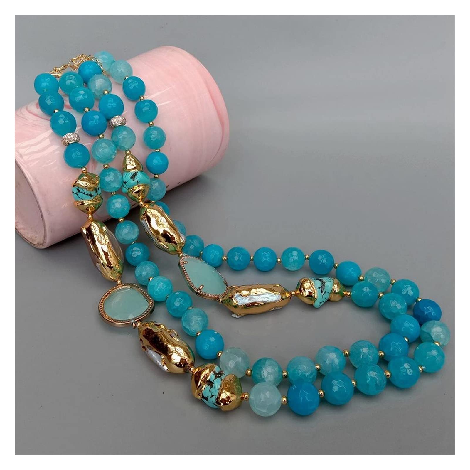 Collar 2 Filas Azul facetado ágata Turquesa cultivado Blanco Biwa Perla Cristal Moda Mujer joyería