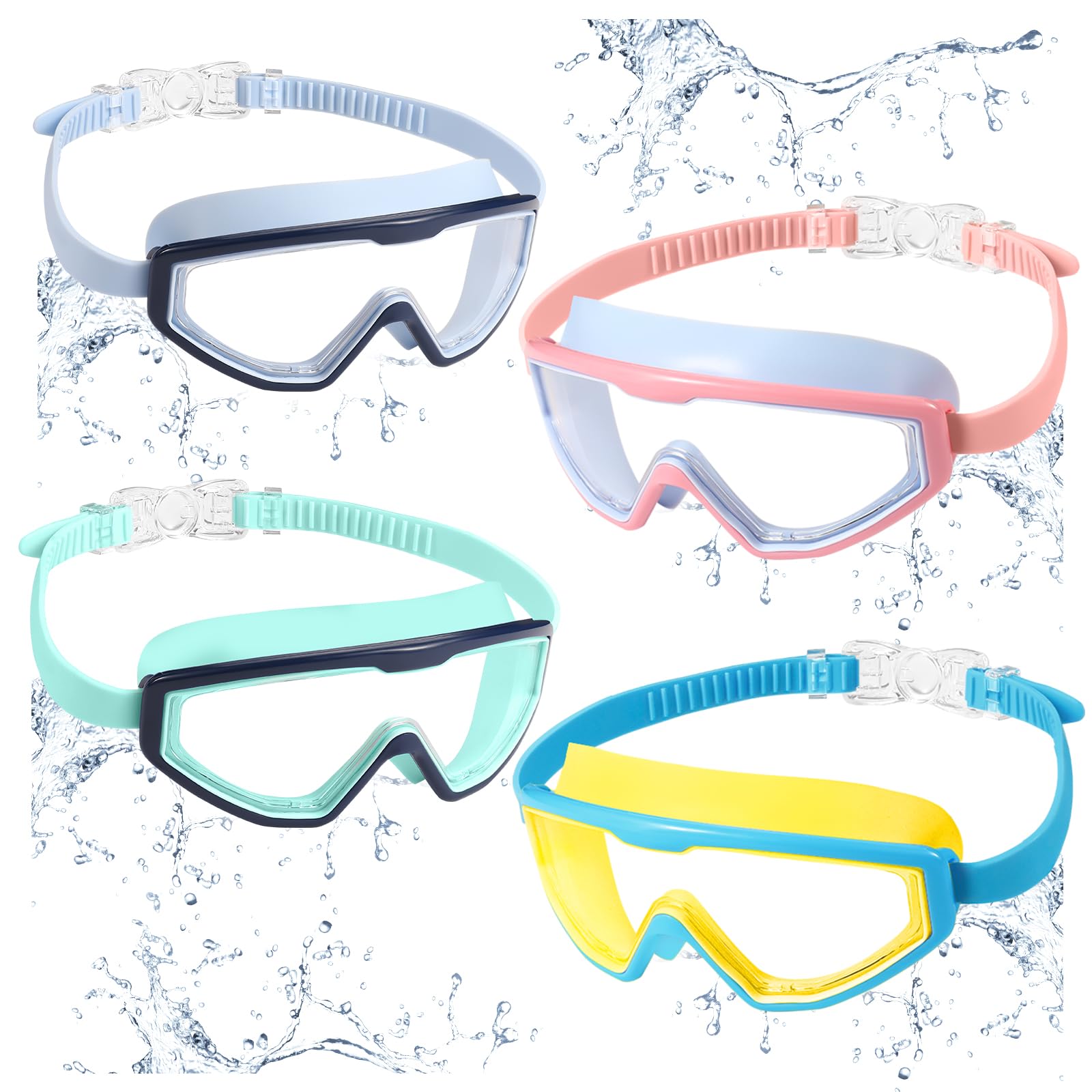 VZZNN 4 Pack Kids Swim Goggles, 3-16 Years, Wide Vision Anti-Fog UV Protection Waterproof No Leak Clear Goggles for Boys & Girls, Pool Beach Swimming
