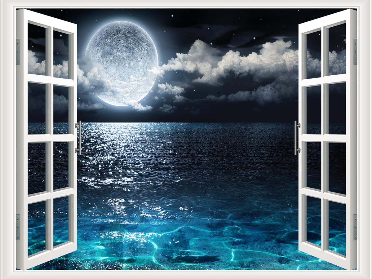 Autocollant mural paysage océan fausse fenêtre 91x122cm, sticker déco chambre lune