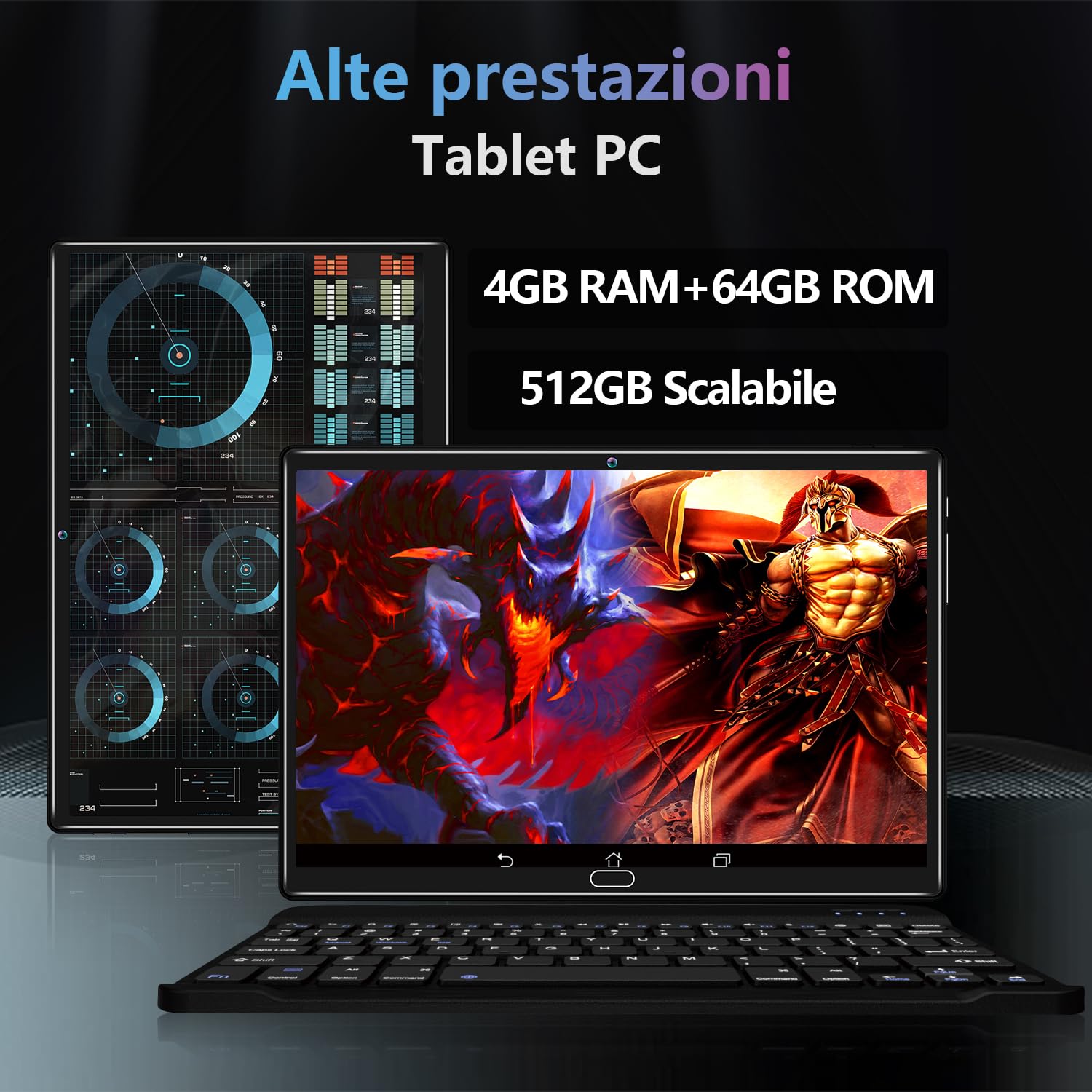 KADYBE 2024 Ultima versione Android 13 Tablet 10 Pollici con tastiera e mouse, 64 GB ROM 512 GB TF Octa-Core, 2 in 1 Tablet con 2 SIM Slot 1 SD, | 5+13 MP | 1,6GHz | 6000 mAh |Typ-C(Nero)