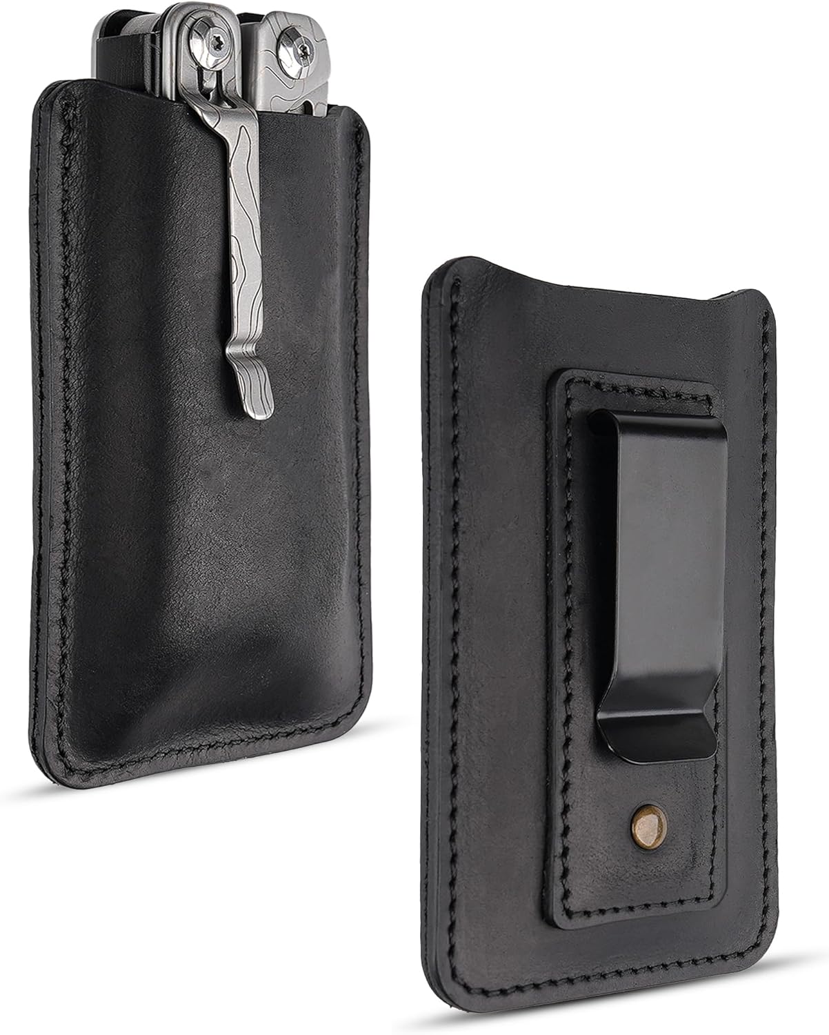 VIPERAED PJ37 Leather Knife Sheath for Belt, Multitool Sheath with Belt Clip, EDC Leather Holster for Pocket Knife Multitool