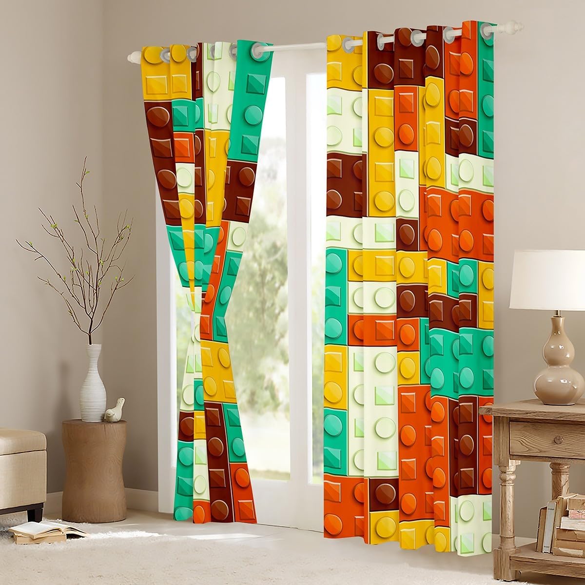 Feelyou Colorful Toy Window Curtains for Bedroom Teen Funny Building Blocks Decor Window Drapes Treatments Pink Geometric Brick Curtains Brown Yellow Green Room Decor, 38W X 45L,2 Panels image 3