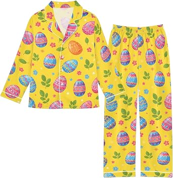 Satin Pajama Sets Long Sleeve Easter Eggs Flowers Leaves Button Down Silky Nightwear 2 Piece PJS 5-14Y,