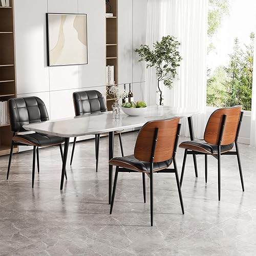 Miniatura 9 de Juego de 2 sillas de comedor, modernas sillas de comedor negras de mediados de siglo, sillas de cocina tapizadas de piel sintética con cojín grueso