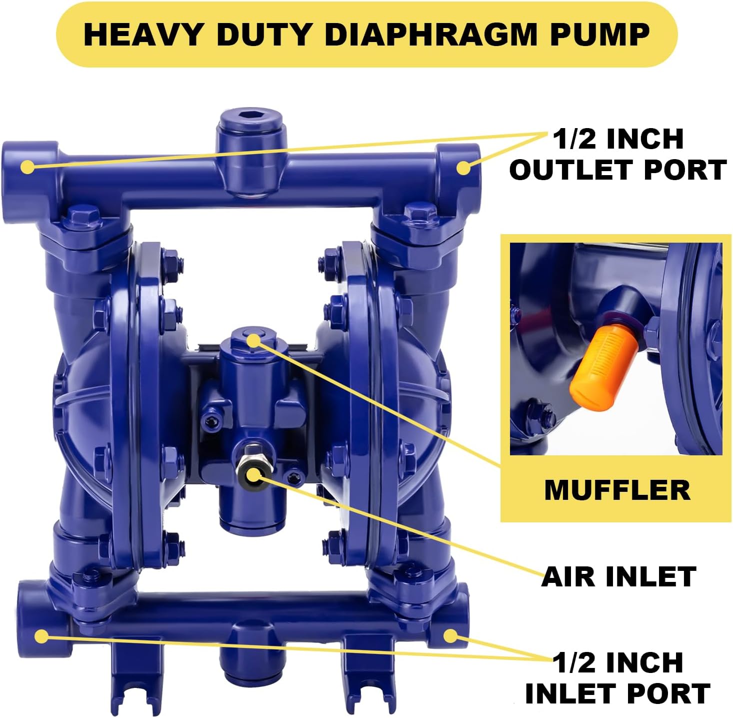 Air-Operated Heavy Duty Double Diaphragm Transfer Pump, QBK-15 Pneumatic Membrane Pump, 1/2" Inlet & Outlet, 12 GPM, Max 115 PSI, 1/4" Air Inlet for Diesel, Grease, Kerosene & Oil