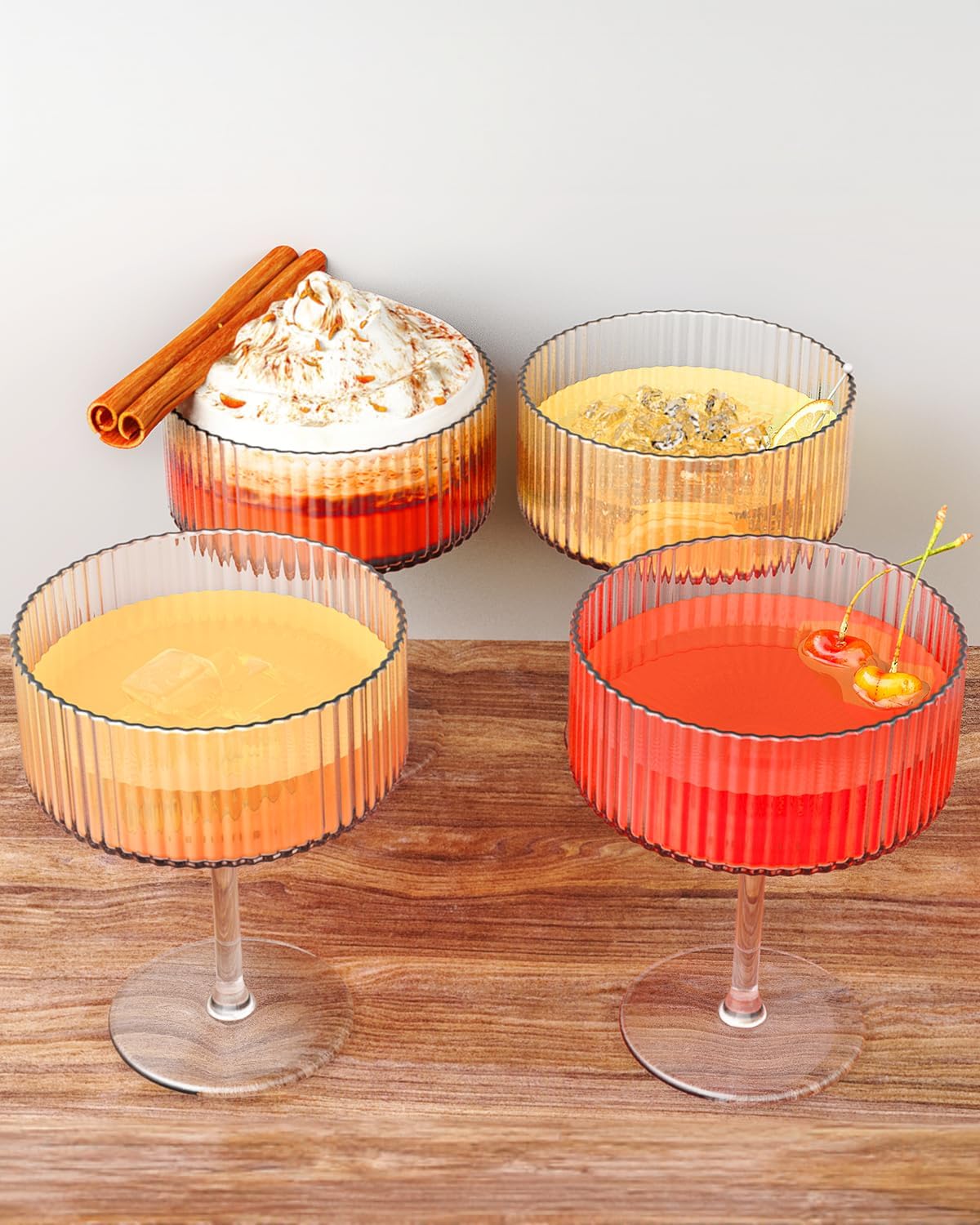 Coupe Glasses Set of 4, 10 oz Ribbed Martini Glass, Hand Blown Drinking Glasses Set Pefect for Espresso Martini, Manhattan, Cocktail, Champagne