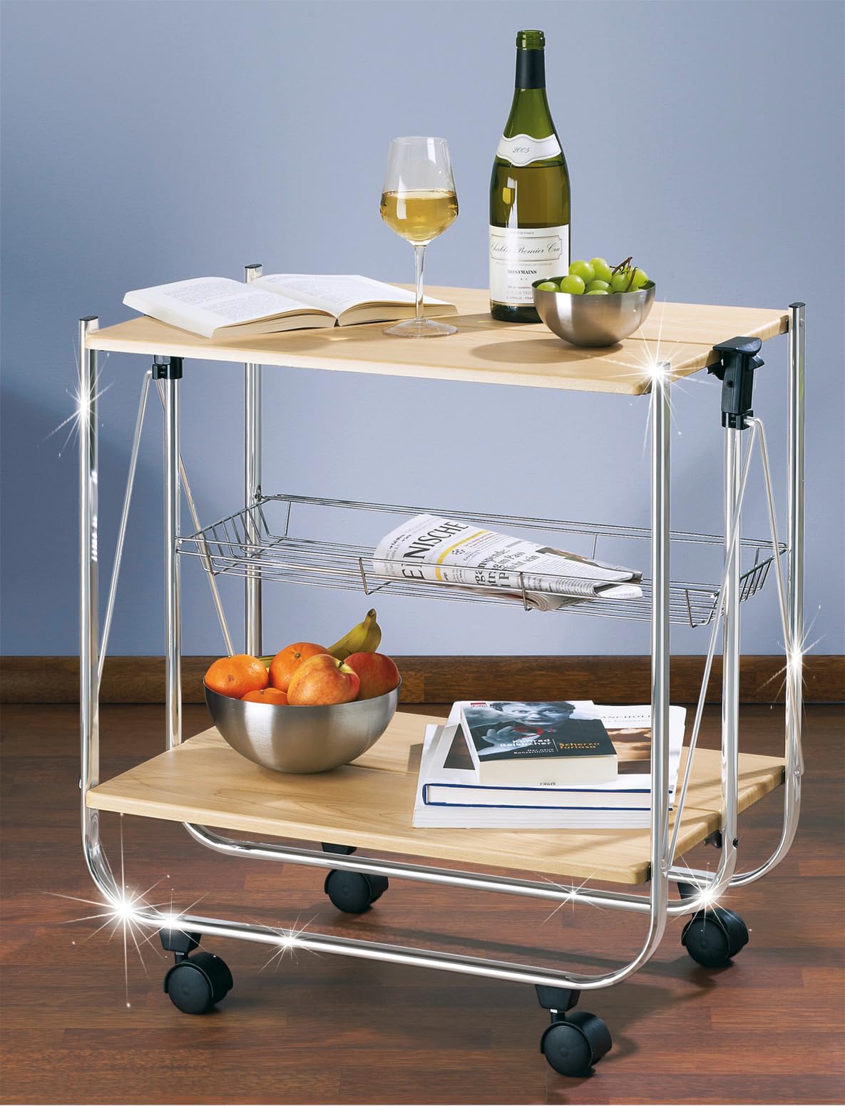 WENKO Chariot de Service Dinett Deluxe érable, 2 étagères & Panier grillagé allongé, avec 4 roulettes faciles à manier, Rabattable, en Acier chromé Robuste, Charge maximale 40 kg