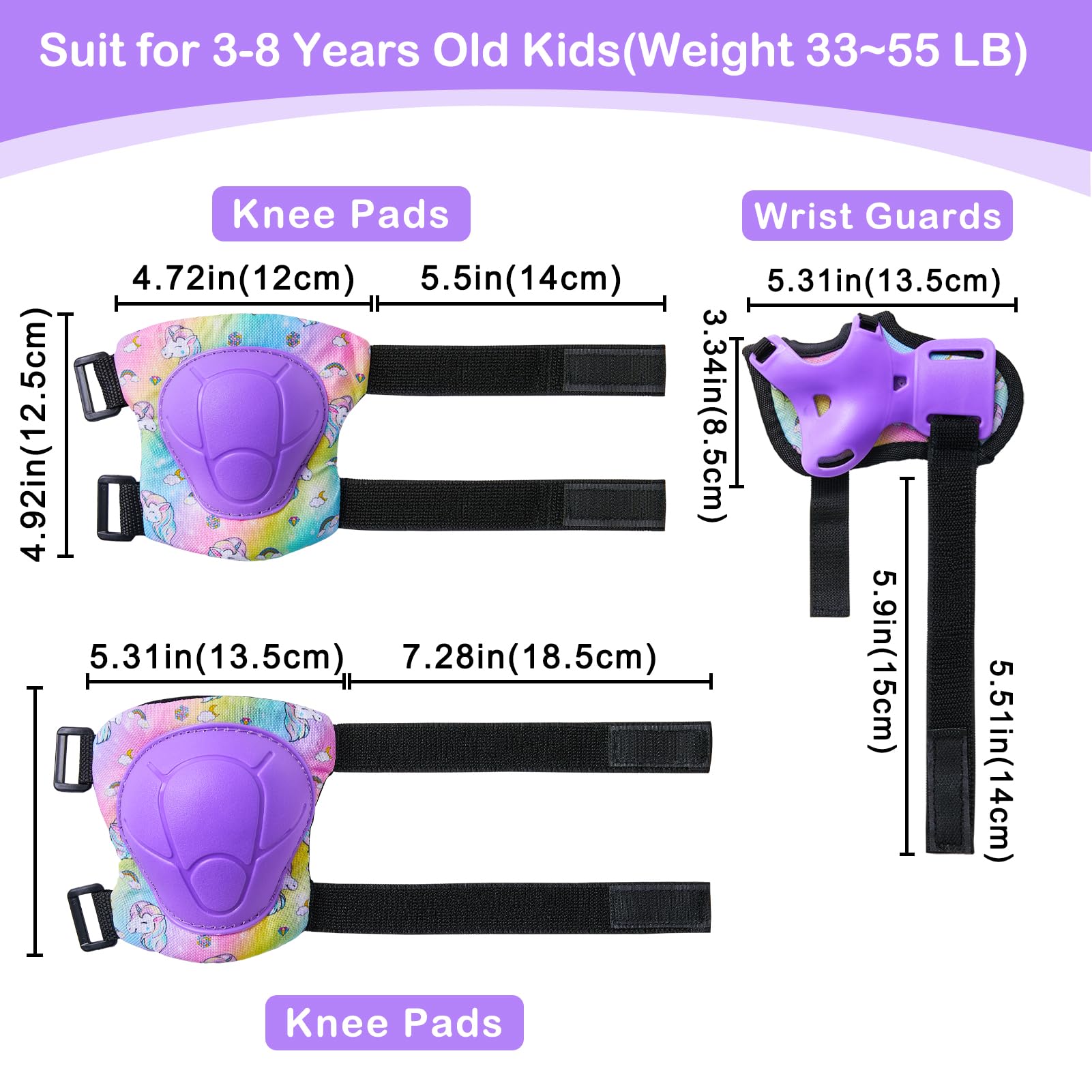 Unicorn Castle Protezione Kit per Bambini 3-8Anni, Protezioni Set per Bambini, Regolabile Ginocchiere Set di Gomitiere per Sci Skateboard Pattinaggio Monopattino Sport Estermi