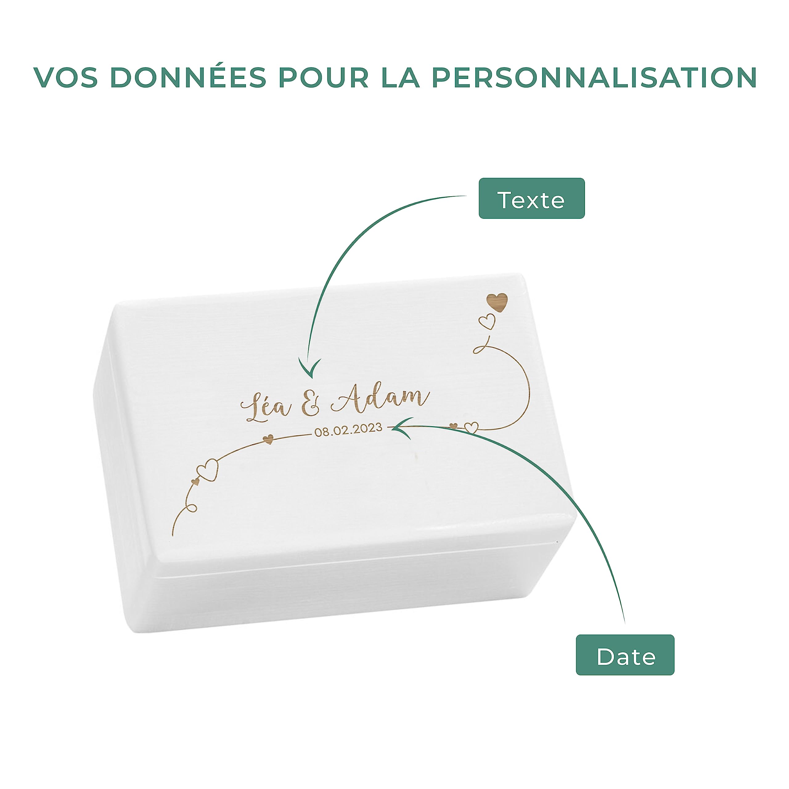 LAUBLUST Boîte à souvenirs de mariage personnalisée | Caisse en bois de rangement avec couvercle gravé - Moitiés | Cadeau pour les mariés - FSC® (Blanc sans fermeture, env. 30 x 20 x 14 cm | M)