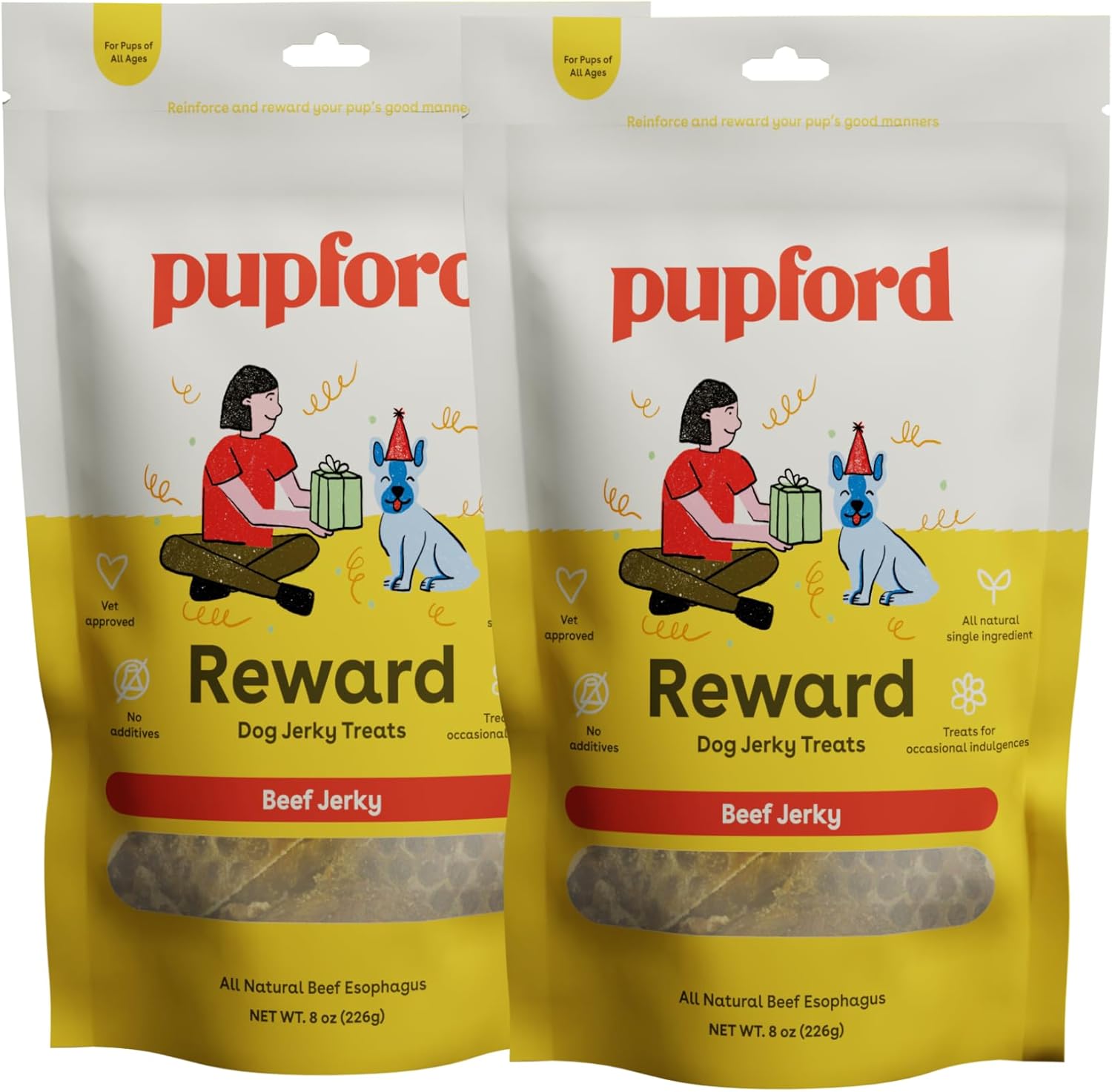 Pupford Crunchy Jerky Treats for Dogs & Puppies, Made in USA, Single Ingredient, No Fillers (Beef, 8 oz, 2 Pack)
