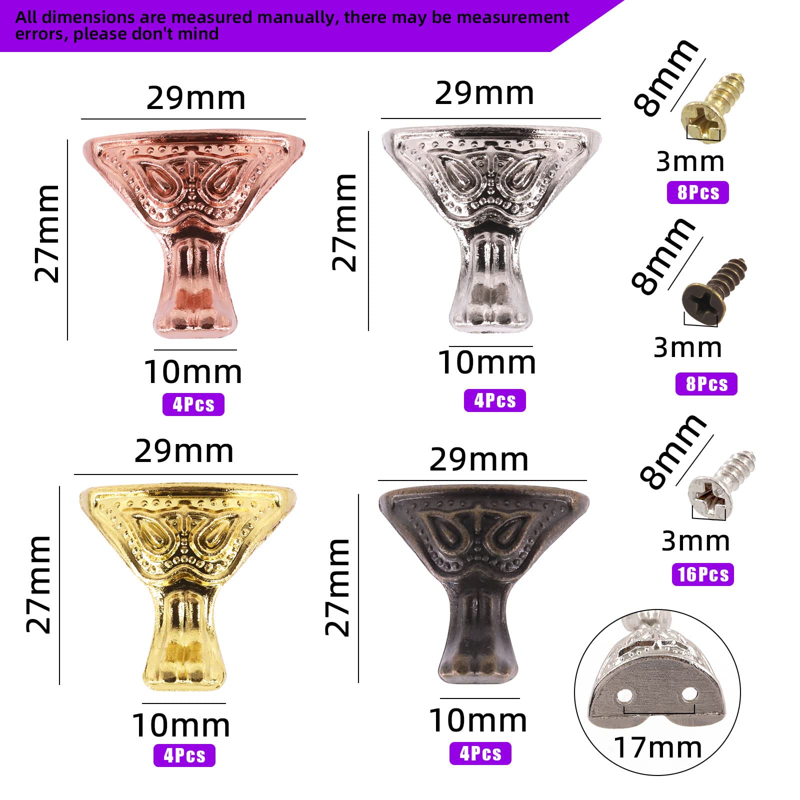 Swpeet 12 Sets Vintage Antique Box Legs & Corner Protectors – 4 Colors (Gold, Silver, Antique, Rose Gold) With Matched Screws, Decorative Furniture Feet For Jewelry Boxes, Wood Cases & Gifts