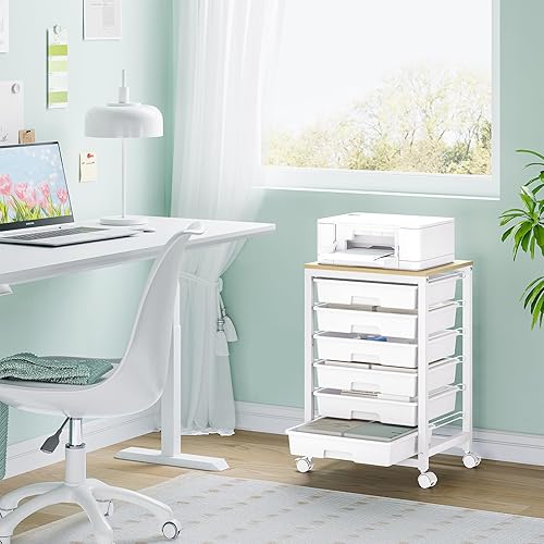 Miniatura 6 de Carrito de almacenamiento con ruedas con 6 cajones y mesa de madera para almacenamiento debajo del escritorio, color blanco