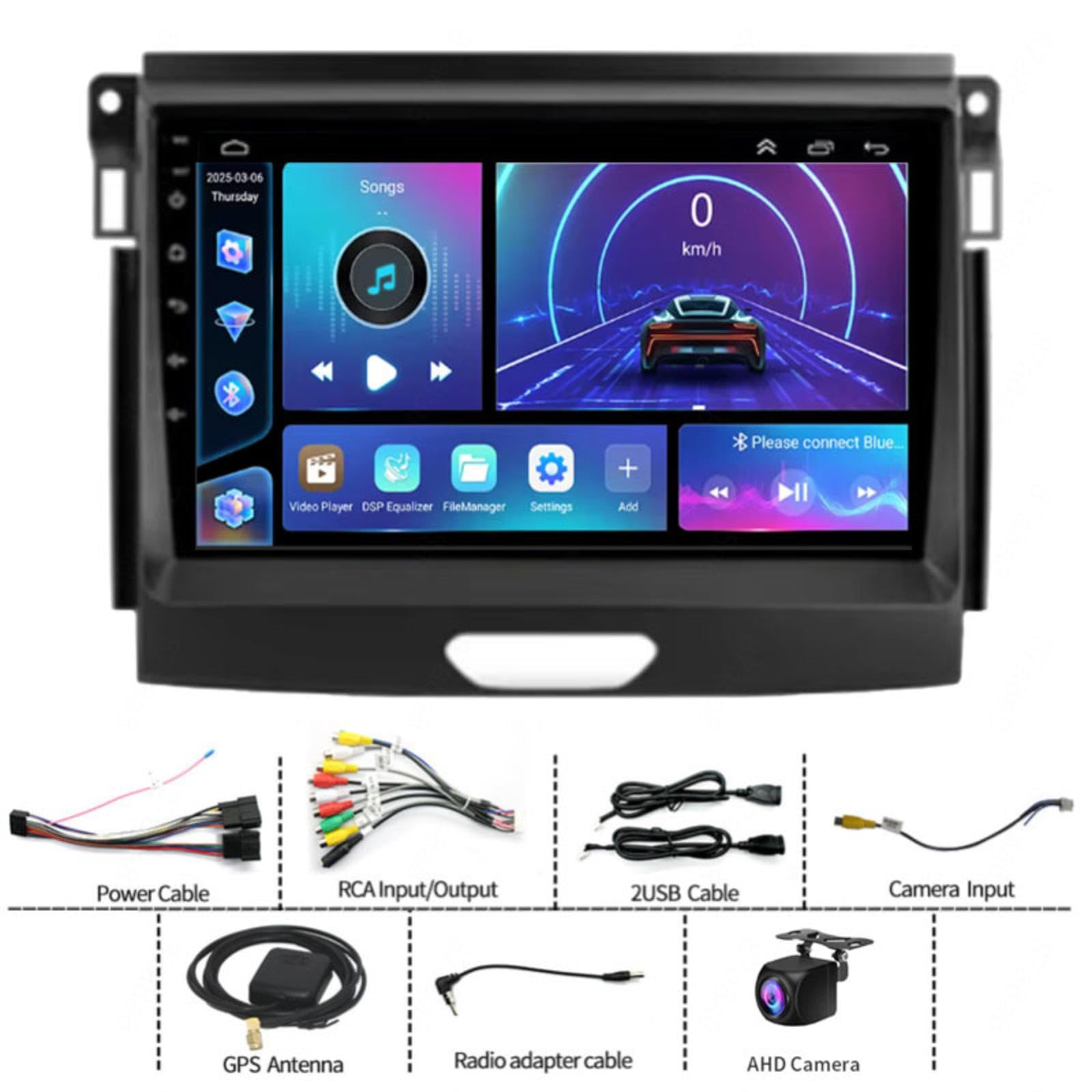 Android 15 Autoradio-Video-Multimedia-Player, 9-Zoll-Touchscreen-Radio für Ford Ranger 2017-2021 Plug-and-Play-Autozubehör mit Bluetooth und Navigation und Rückfahrkamera,HM602