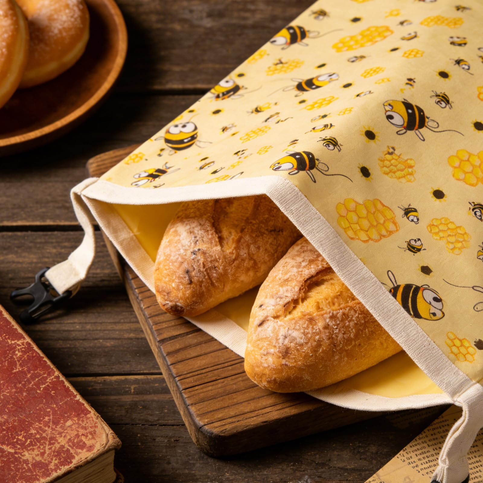 Hoypeyfiy 43 cm x 33 cm, confezione da 2 sacchetti per il pane in cotone con rivestimento in cera d'api naturale, ideali per la cucina di casa e gli appassionati di pasticceria, giallo., moderno