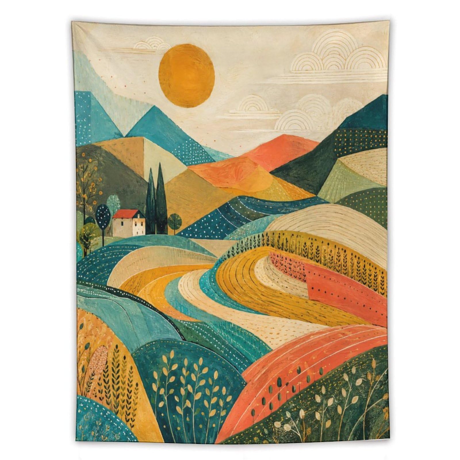 W7C8U2X3 Colorful Rolling Fields Wall Tapestry, Geometric Art, Office