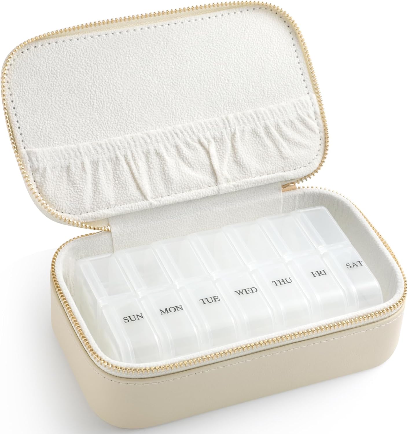 Genuine Leather Travel Pill Organizer Box Case 2 Times a Day for Purse for Women, Cute Medicine Pill Holder Containers for Vitamin Medium Weekly Daily 7 Day Am Pm Pill Organizer(Beige)