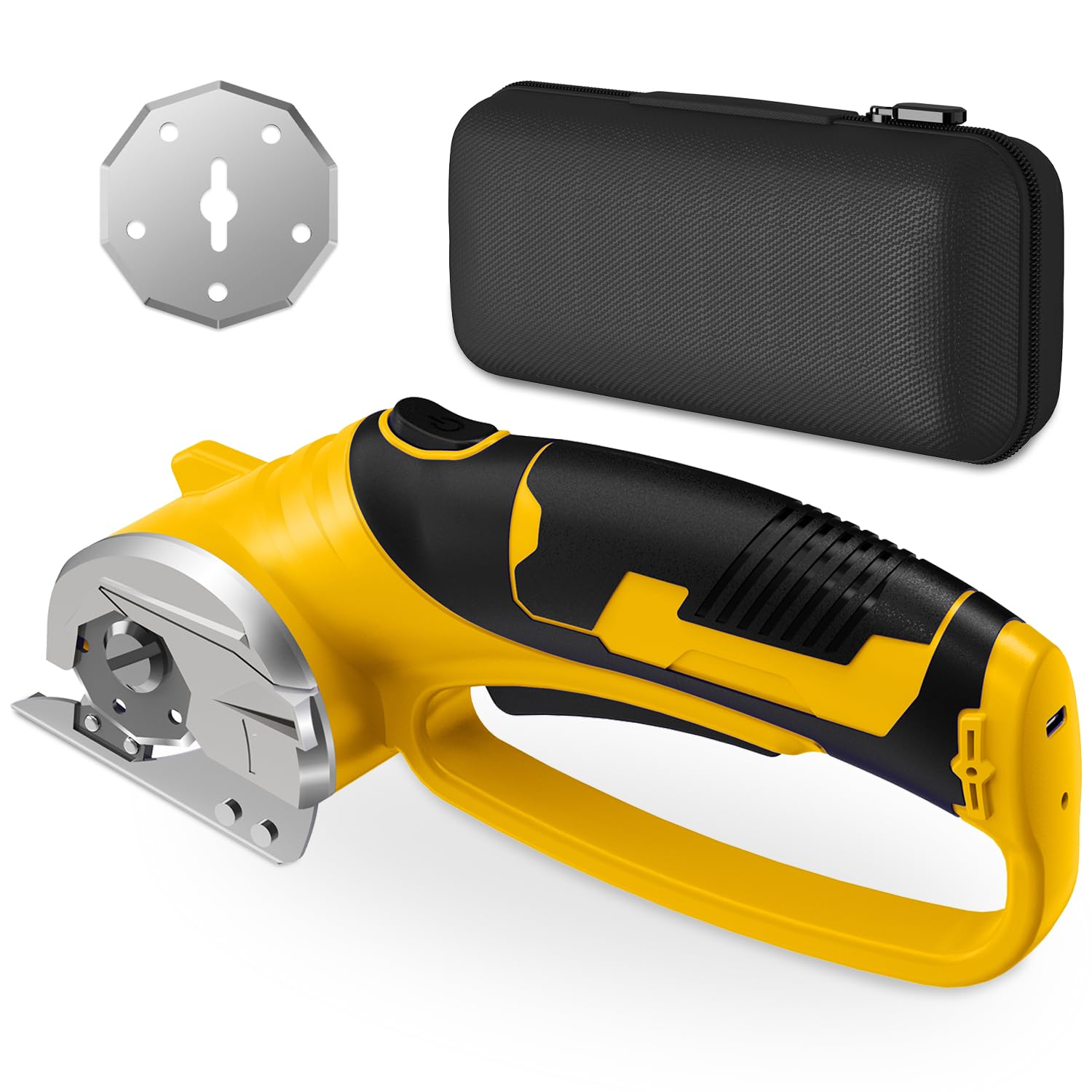 Cordless Electric Scissors, 4V Rechargeable Box Cutter &amp; Cardboard Cutter with LED Light, Safety Lock - Rotary Cutter for Fabric, Leather, Carpet, Plastic, Crafting, Sewing with Storage Box(Yellow)