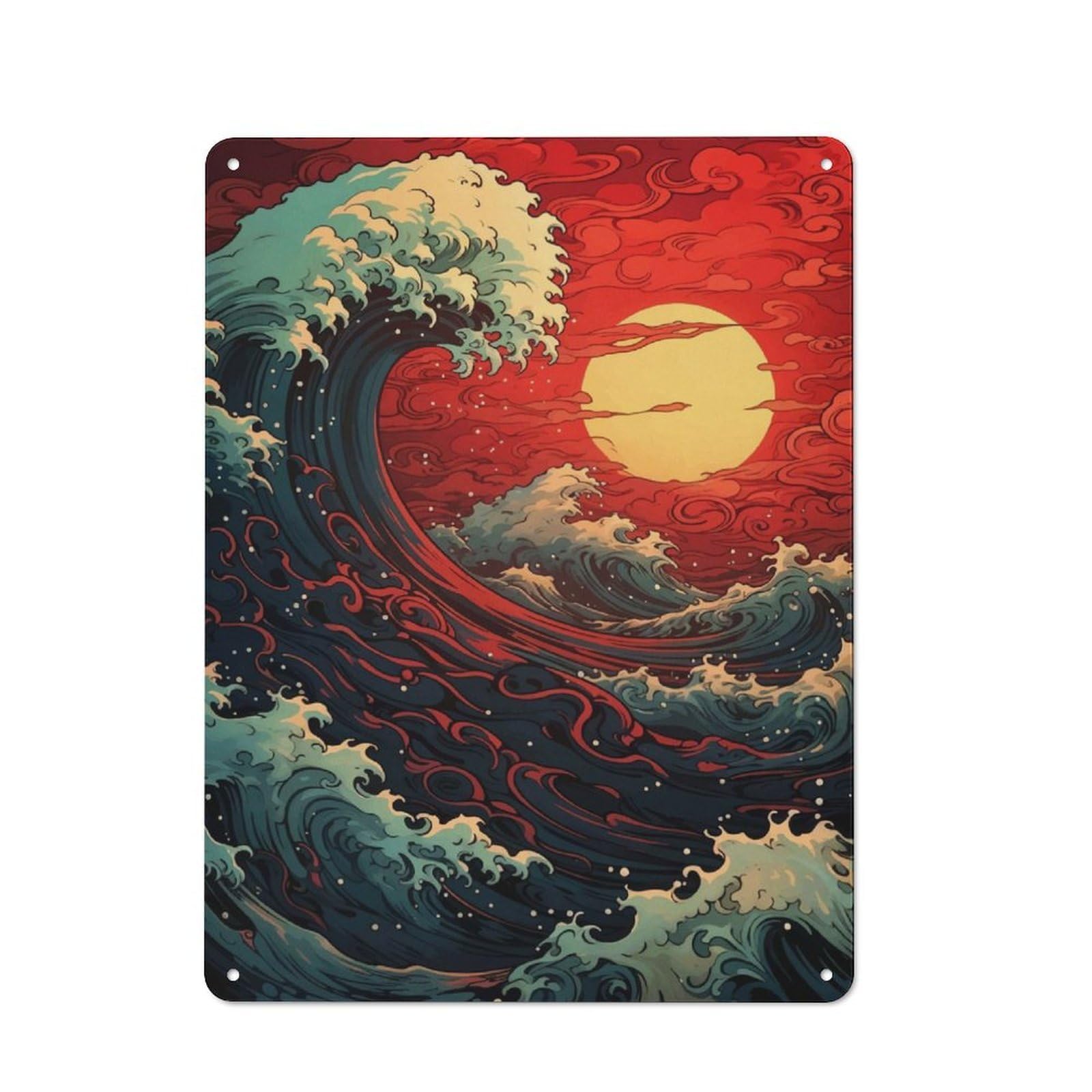 Junmoney Japan Wave Sunset Vintage-Inspired Tin Sign 40X30cm For Garage Or Workshop, For Garage, Workshop And Man Cave Decoration