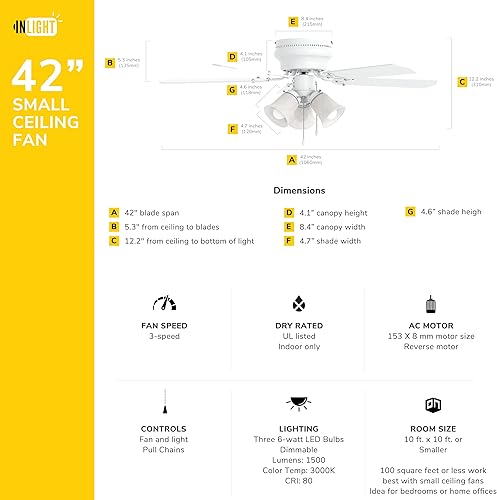 Miniatura 8 de Inlight Ventilador de techo clásico de 42 pulgadas con cadena de tracción y 3 luces 5 cuchillas de madera y motor reversible de 3 velocidades