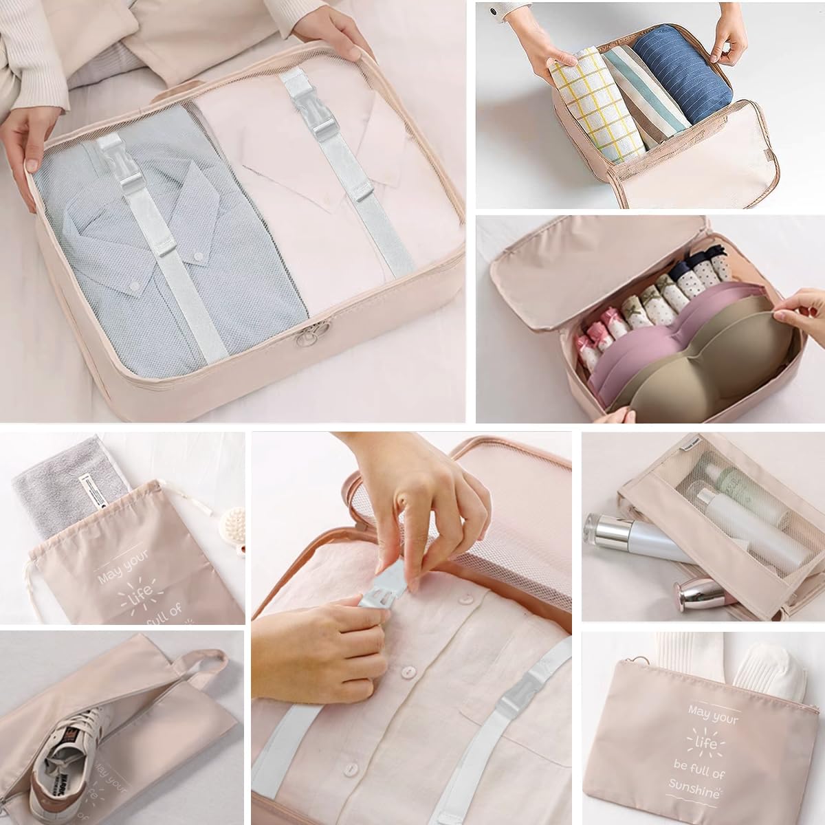 Shadcoler Organizer Valigia, 8 Pezzi Organizer Valigia Salvaspazio, Organizer Viaggio, Packing Cubes per Cosmetici, Abbigliamento Intimo, Vestiti, Borse, Scarpe, Viaggio Accessori Utili (Albicocca)