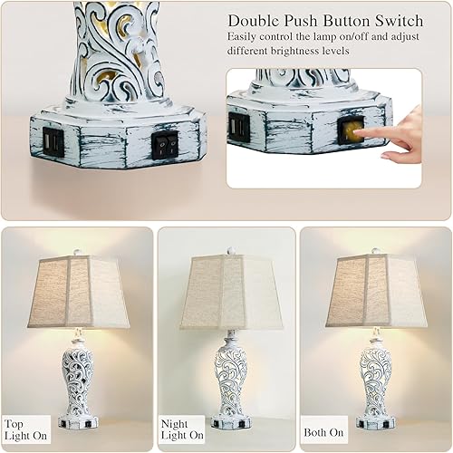 Miniatura 3 de Juego de 2 lámparas de mesa de granja de 25 pulgadas para sala de estar, dormitorio, 2 puertos USB, lámpara de mesa rústica vintage con luz