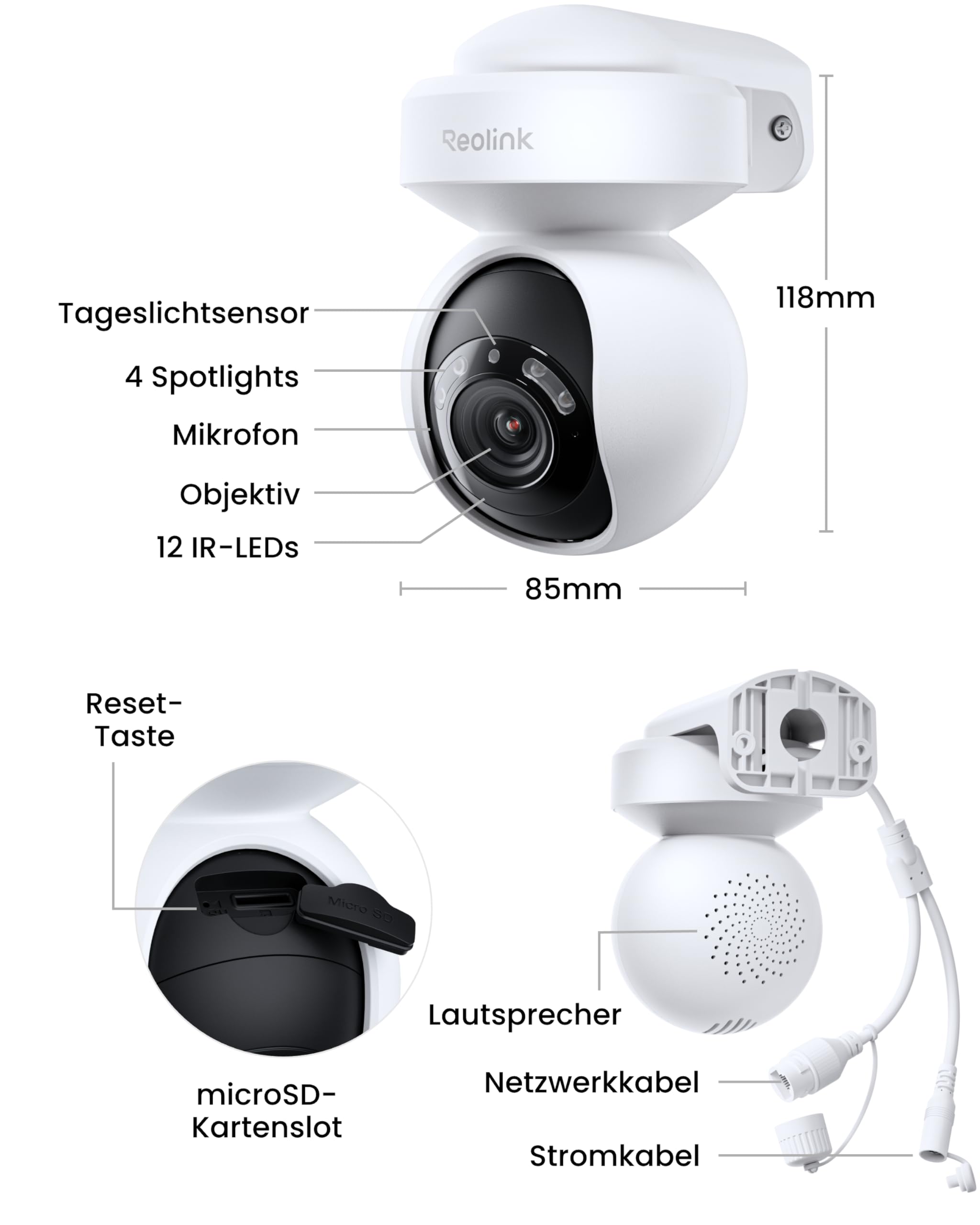 Reolink 4K Wi-Fi 6 PTZ Überwachungskamera Aussen mit Auto-Tracking, 3X Optischem Zoom, 2,4/5GHz WLAN Kamera Outdoor, Person/Auto/Tiererkennung, Farbnachtsicht, 2-Wege-Audio, E1 Outdoor Pro