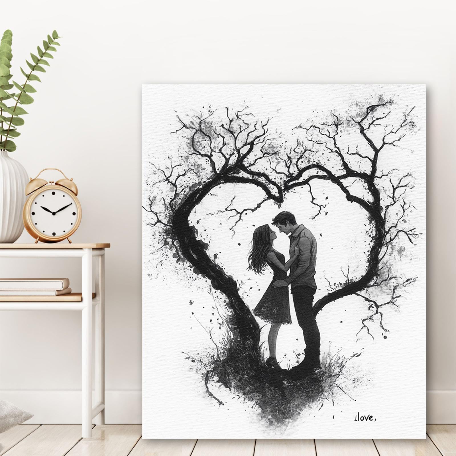 Creativo Amore Design Tela Arti Della Parete Rami A Forma Di Cuore E Giovane Coppia Opere D'arte Poster Per Il Soggiorno Lobby Room Wall Decor Bianco 60x80cm Innerframe