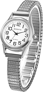 JewelryWe Women's Big Dial Easy Reader Watch Gold/Silver Tone Elastic Stretch Band Wristwatch for Valentine's Day
