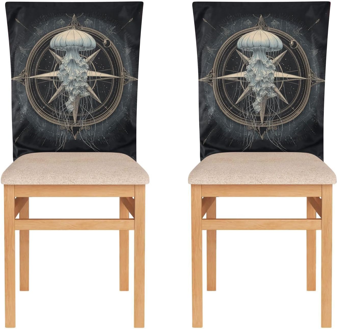 ALAZA Compasses and Jellyfishes Chair Back Cover Set of 6, Washable Reusable Removable Chair Slipcovers Decorative Chair Cover for Home Kitchen Wedding Party