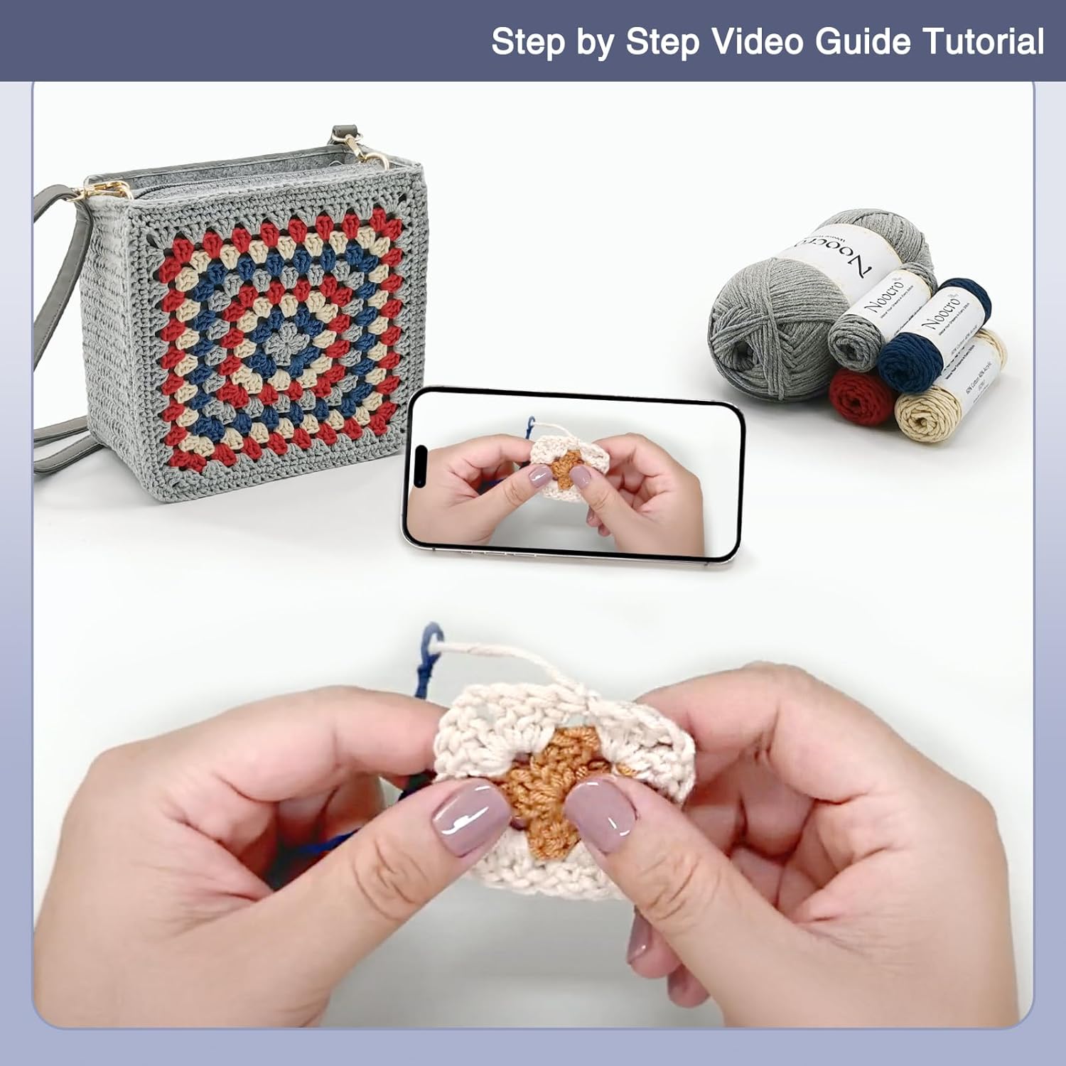 Noocro Crochet Kit Granny Square Crochet Bag Kit – DIY Felt Purse with Hook, Wool Yarn, Markers, Guide & Video – for Intermediate or Ambitious Beginners (Vintage Gray)