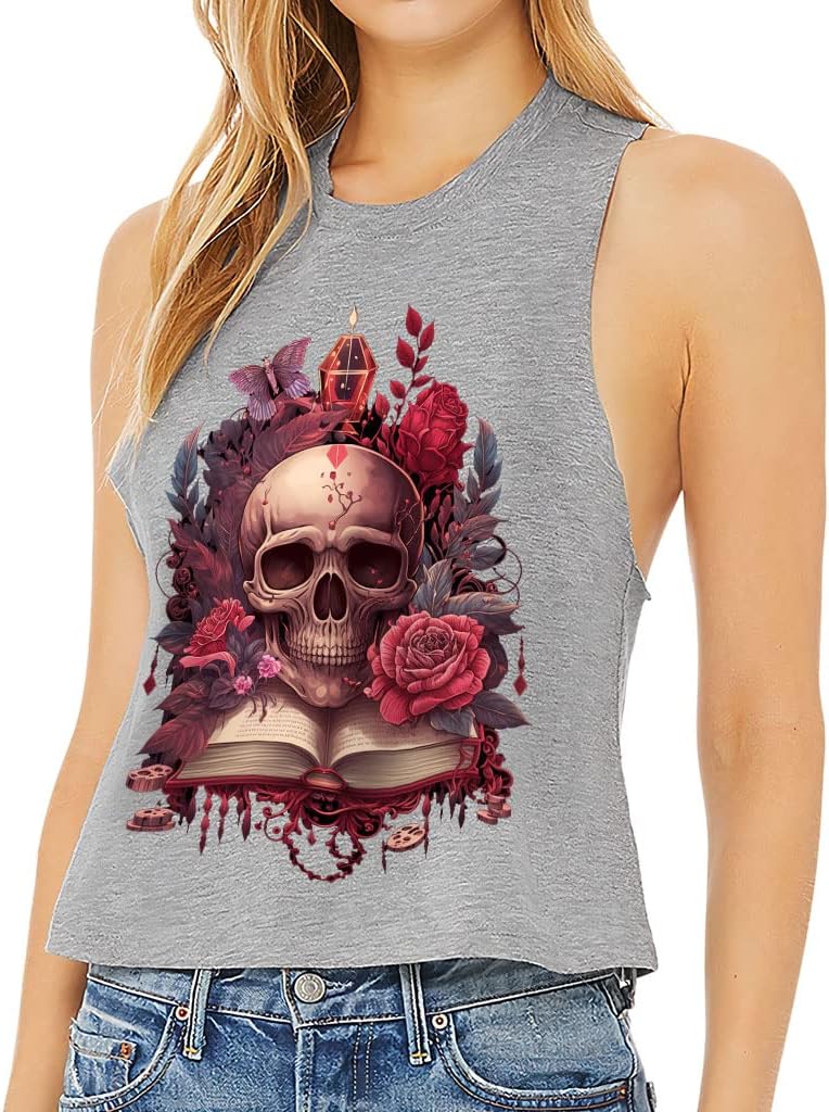 Floral Skull Print Racerback Cropped Tank - Graphic Art Women's Tank - Cool Tank Top - Athletic Heather, 2XL