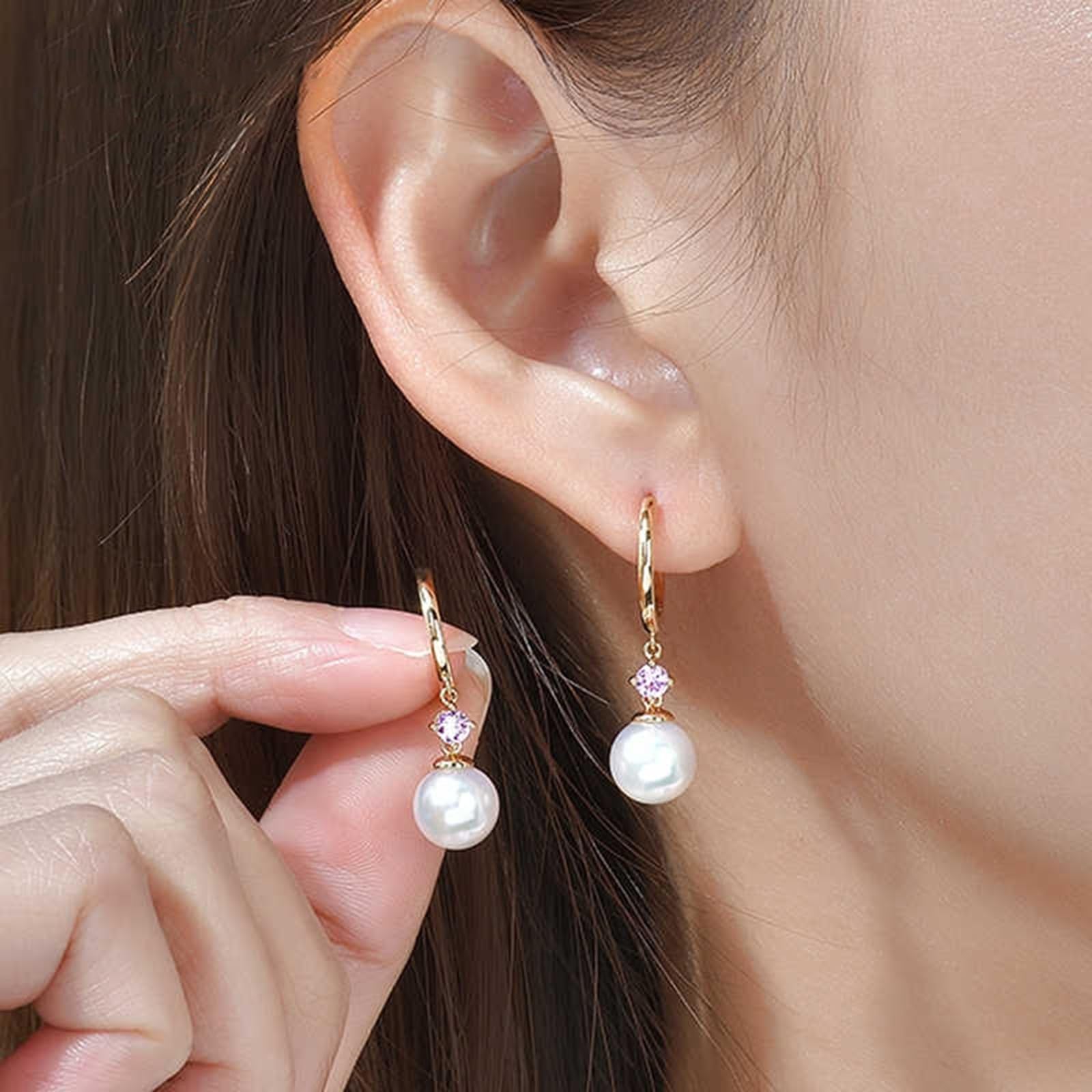 9K/14K/18K Gold Ohrringe Creolen Hängend, Perle 7.5-8mm Pinker Saphir Huggie Ohrringe Damen Echt Gold