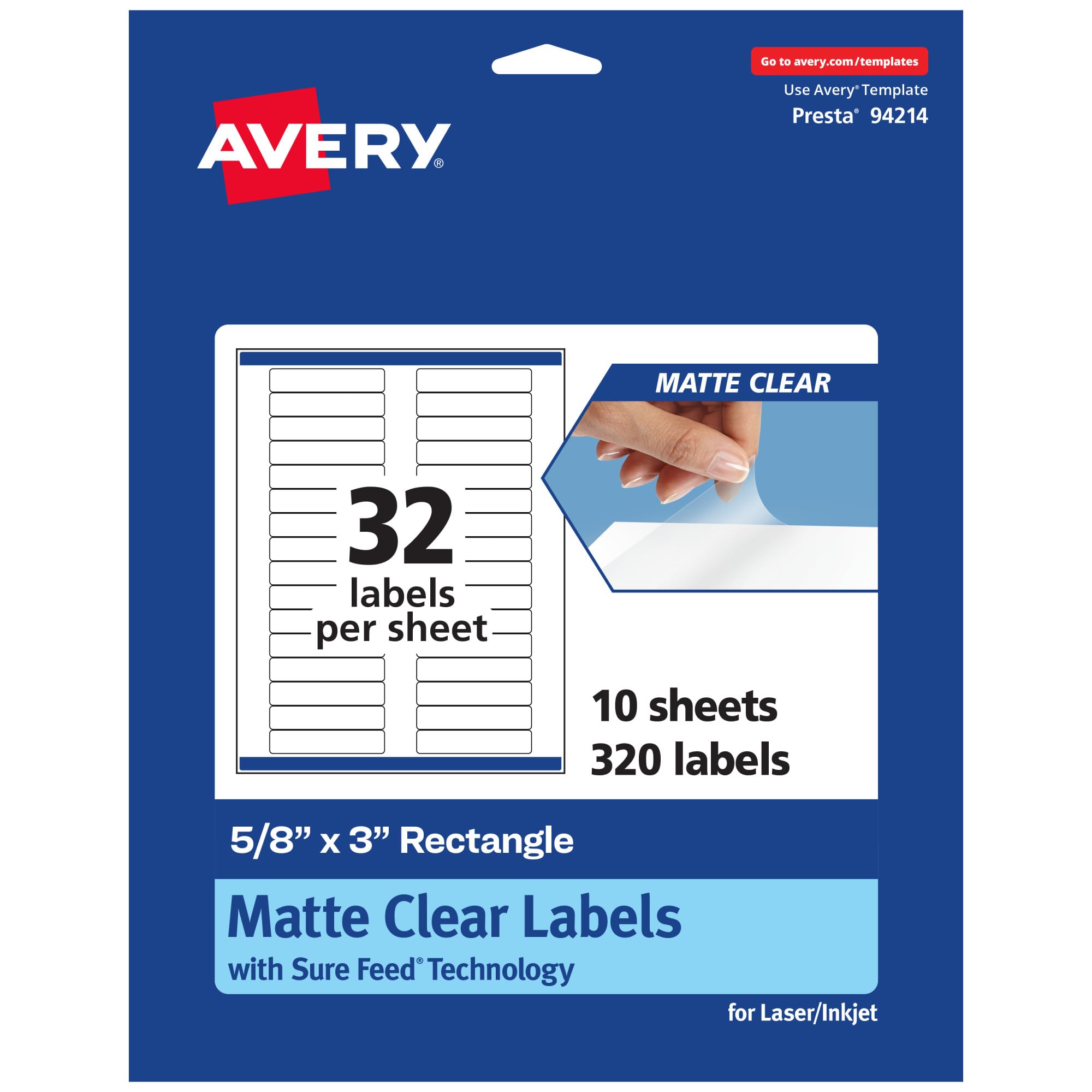 Avery Matte Clear Rectangle Labels, Sure Feed Technology, 5/8" x 3", 320 Matte Clear Labels, Laser/Inkjet Printable