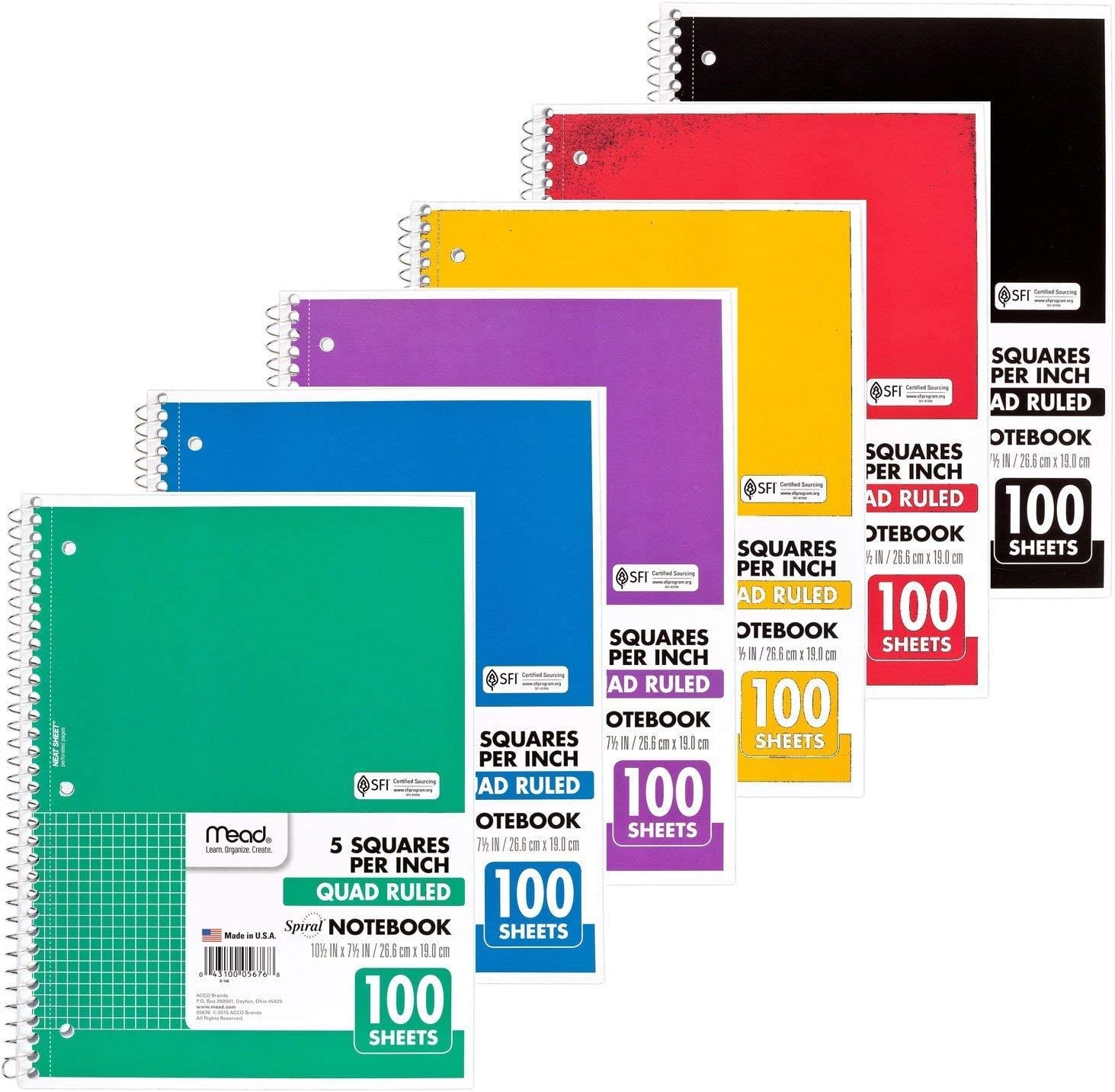 Mead Spiral Quad Ruled Notebook, 1 Subject 5 Squares per inch 100 Sheets (Colors May Vary) (3 Pack)