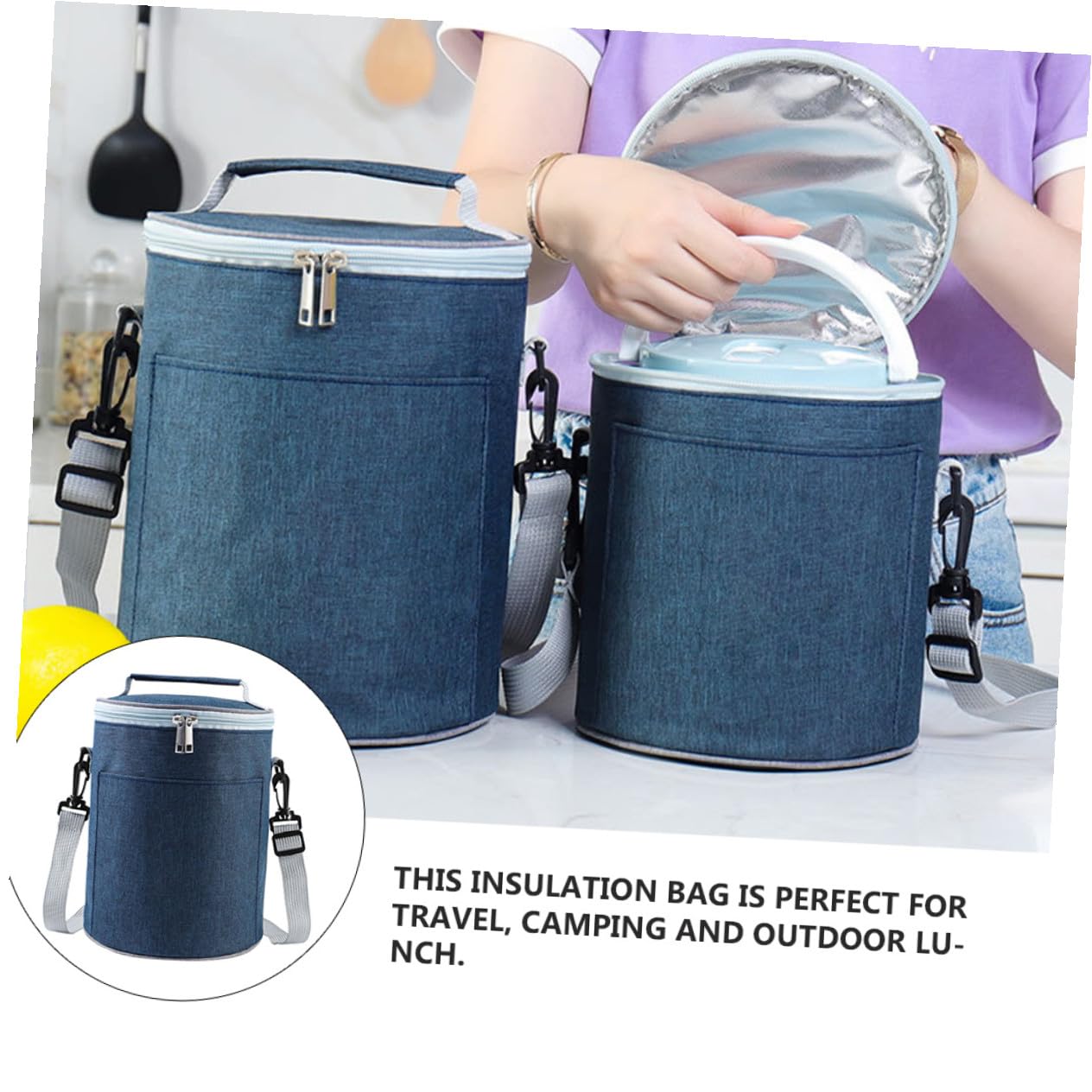 POPETPOP Mittlere Isoliertasche aus Oxford Stoff Aluminiumfolie Tragbare Thermotasche Lebensmittel Tragetasche Dunkelblau für Camping und Freizeit