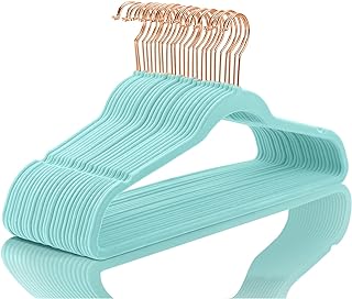 MIZGI Velvet Hangers 50 Pack Non Slip Heavy Duty Aqua Blue Rose Gold Hooks