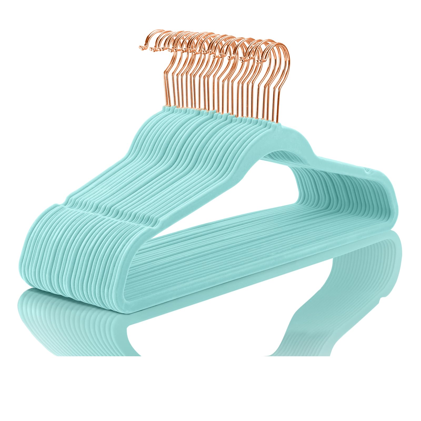 MIZGI Ganchos de terciopelo, paquete de 50 unidades, ganchos de fieltro antideslizantes de alta resistencia, color azul aguamarina, ganchos oro rosa, perchas para ropa que ahorran espacio