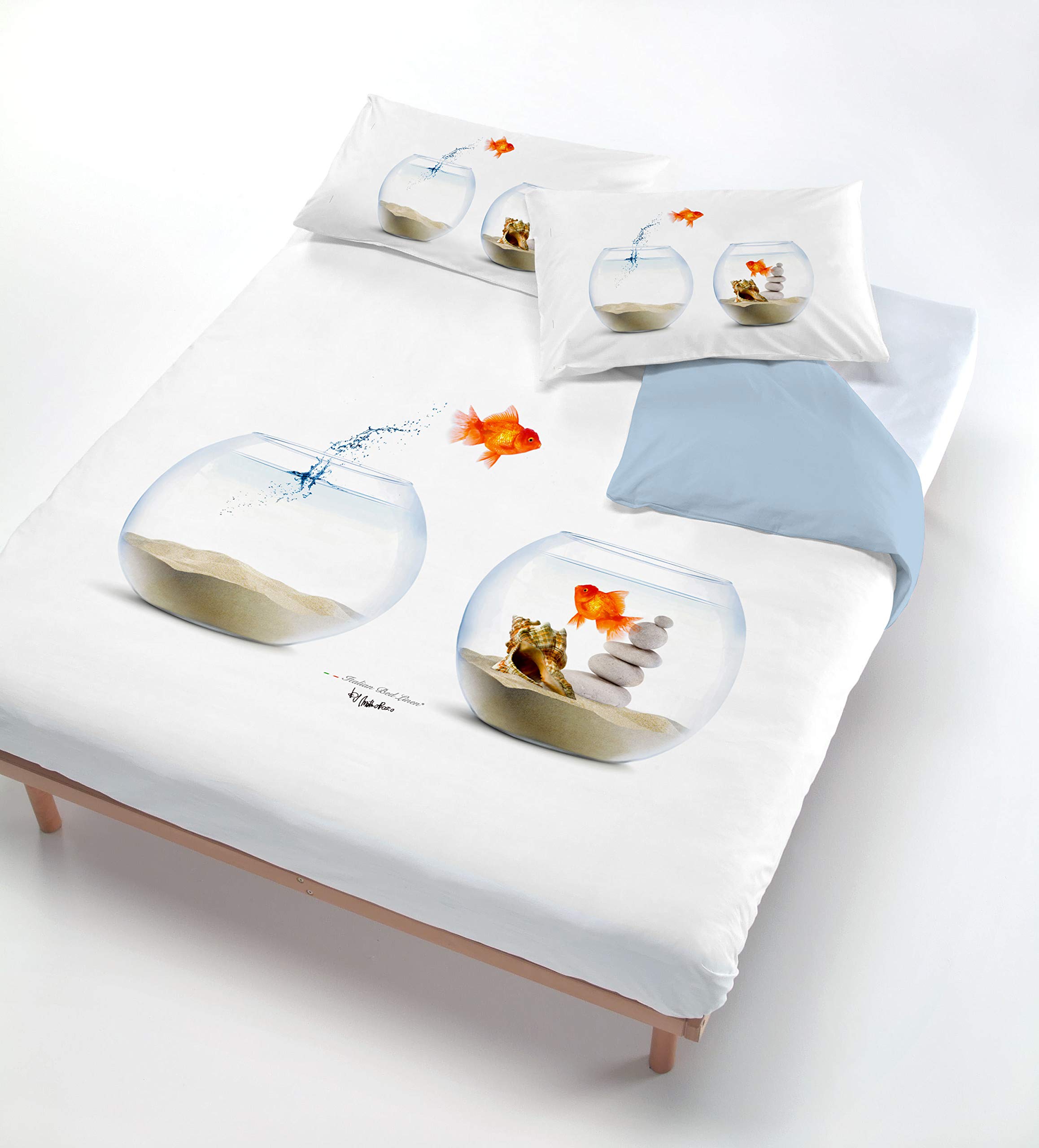 Italian Bed Linen Digital Duvet Cover Set (Bag Sheet 250x200cm + 2 Pillowcases 52x82cm),Fish Tank, DOUBLE